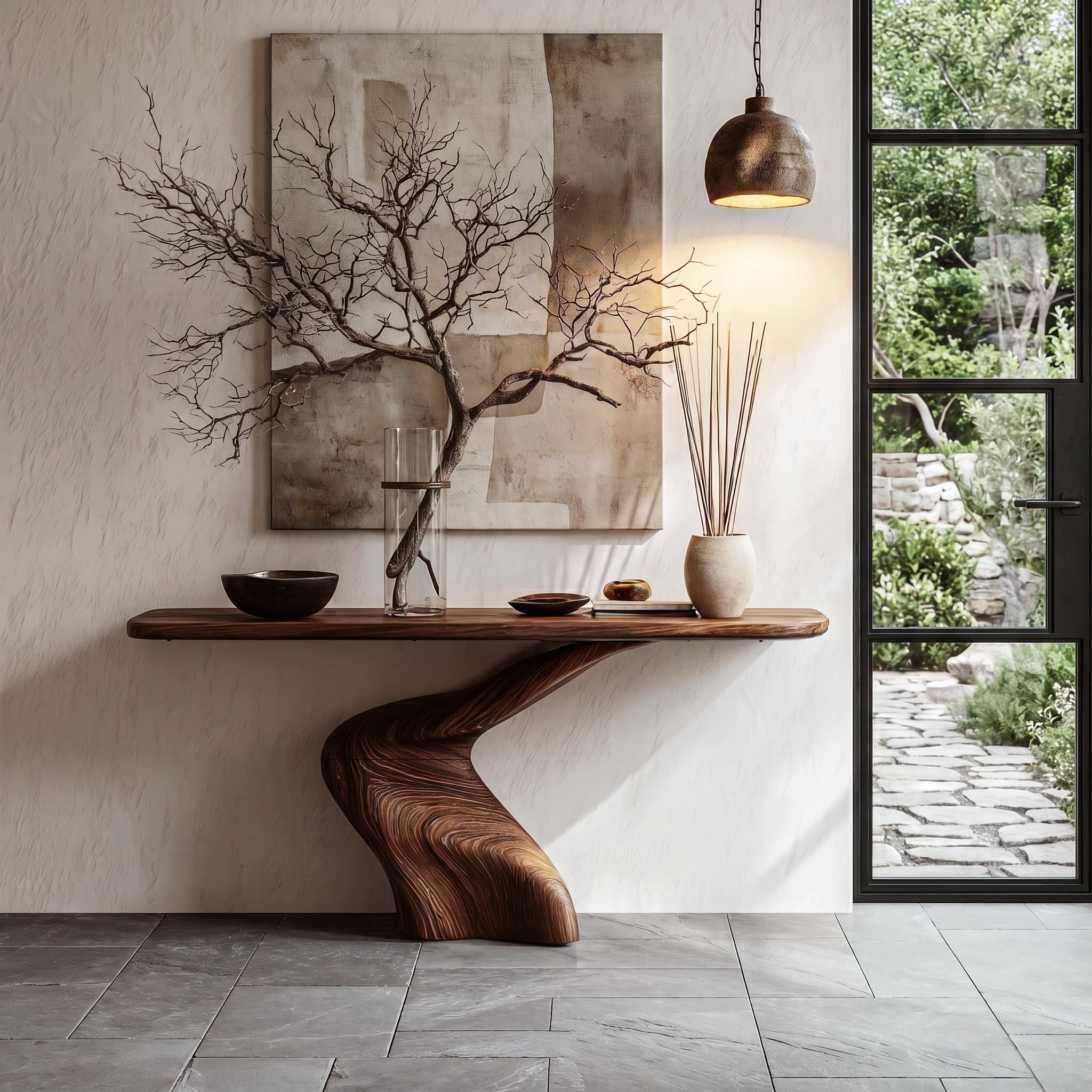Organic Console Table With Sculptural Twisted Solid Wood Base For Entryway And Living Room