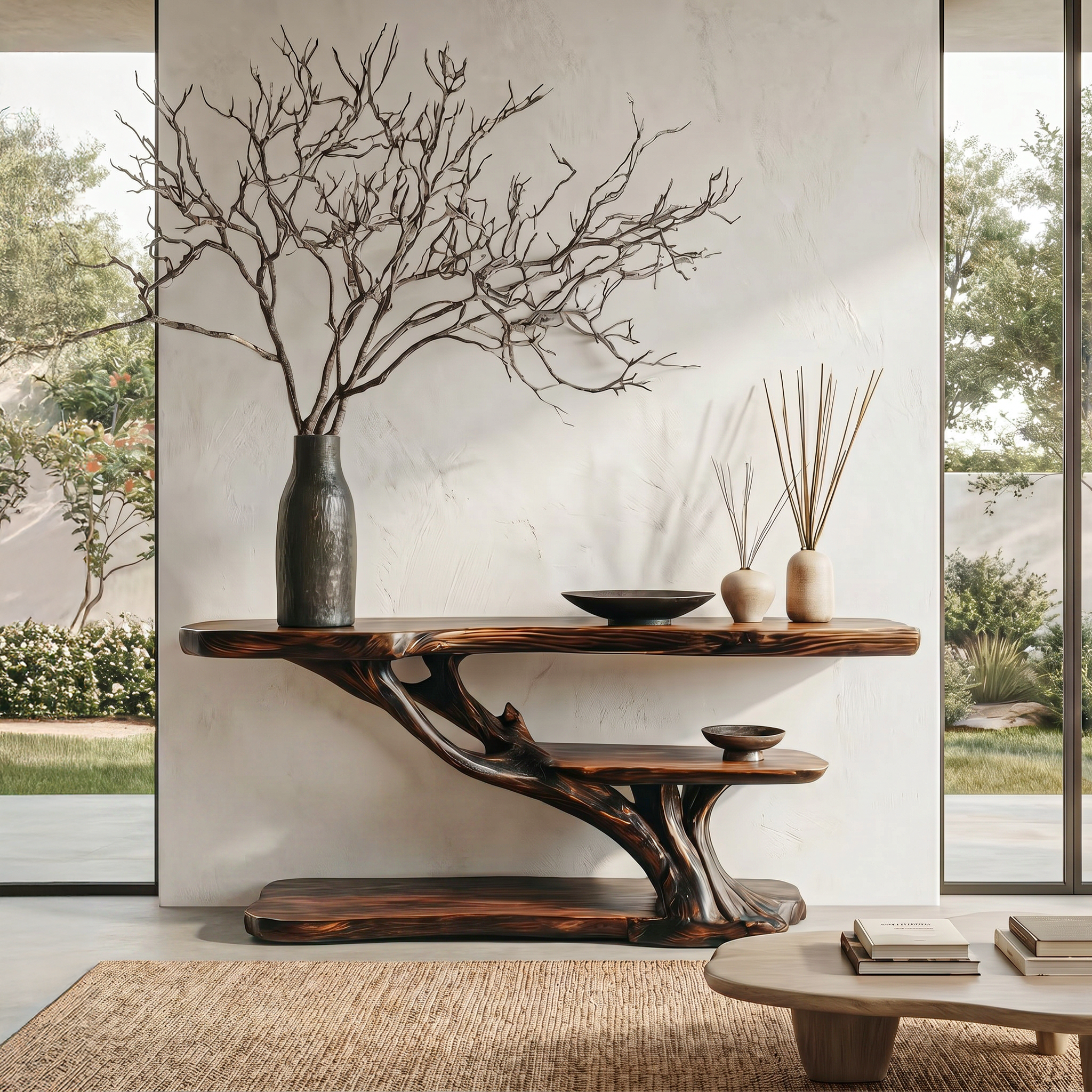 Organic Sculptural Console Table With Handcrafted Wood Base For Hallway