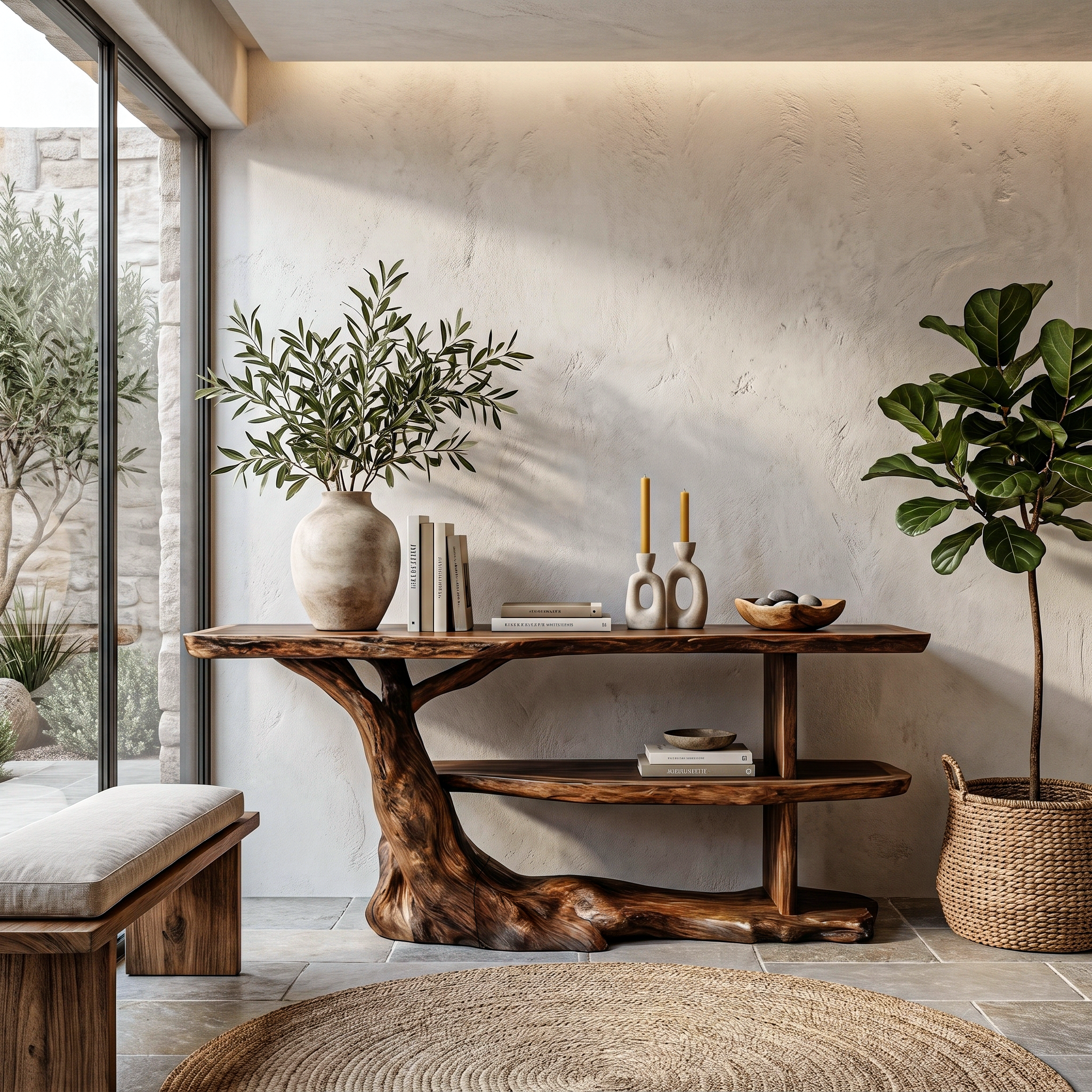 Modern Console Table With Flowing Wood Pedestal Base For Entryway