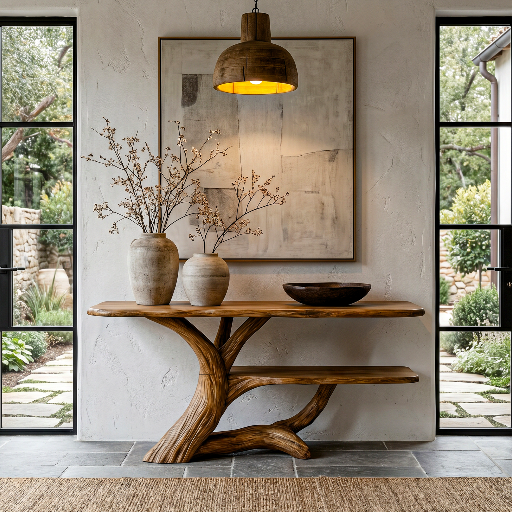 Nature Inspired Console Table With Open Shelf Storage For Living Room