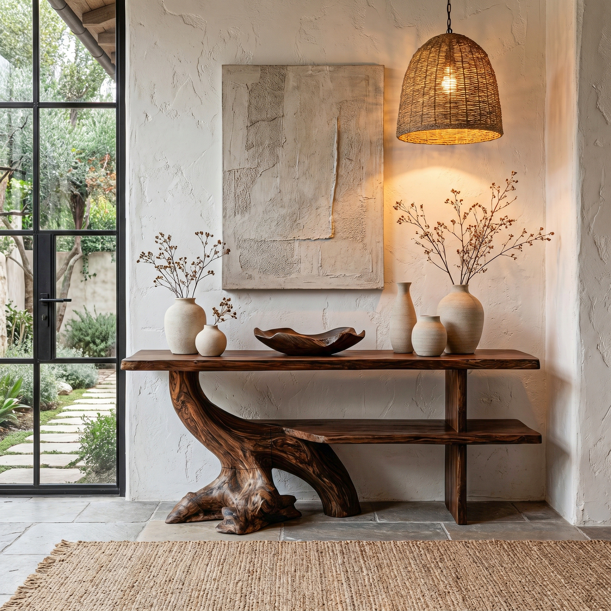 Organic Console Table With Sculptural Tree Branch Base For Entryway And Living Room