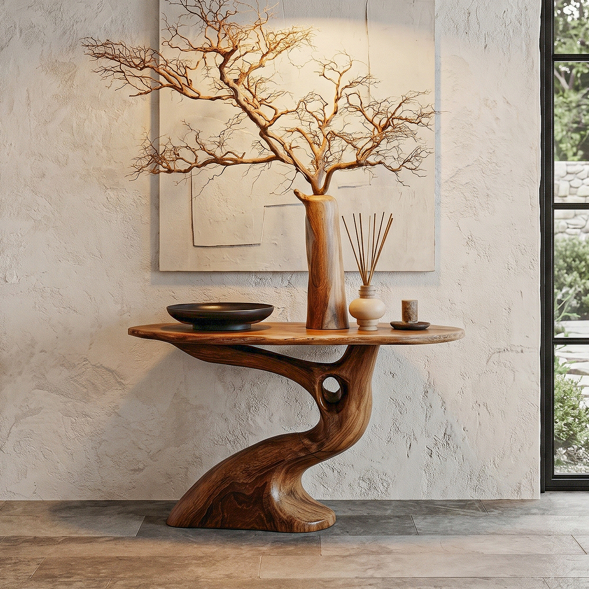 Tree Inspired Console Table With Sculptural Wood Structure For Hallway