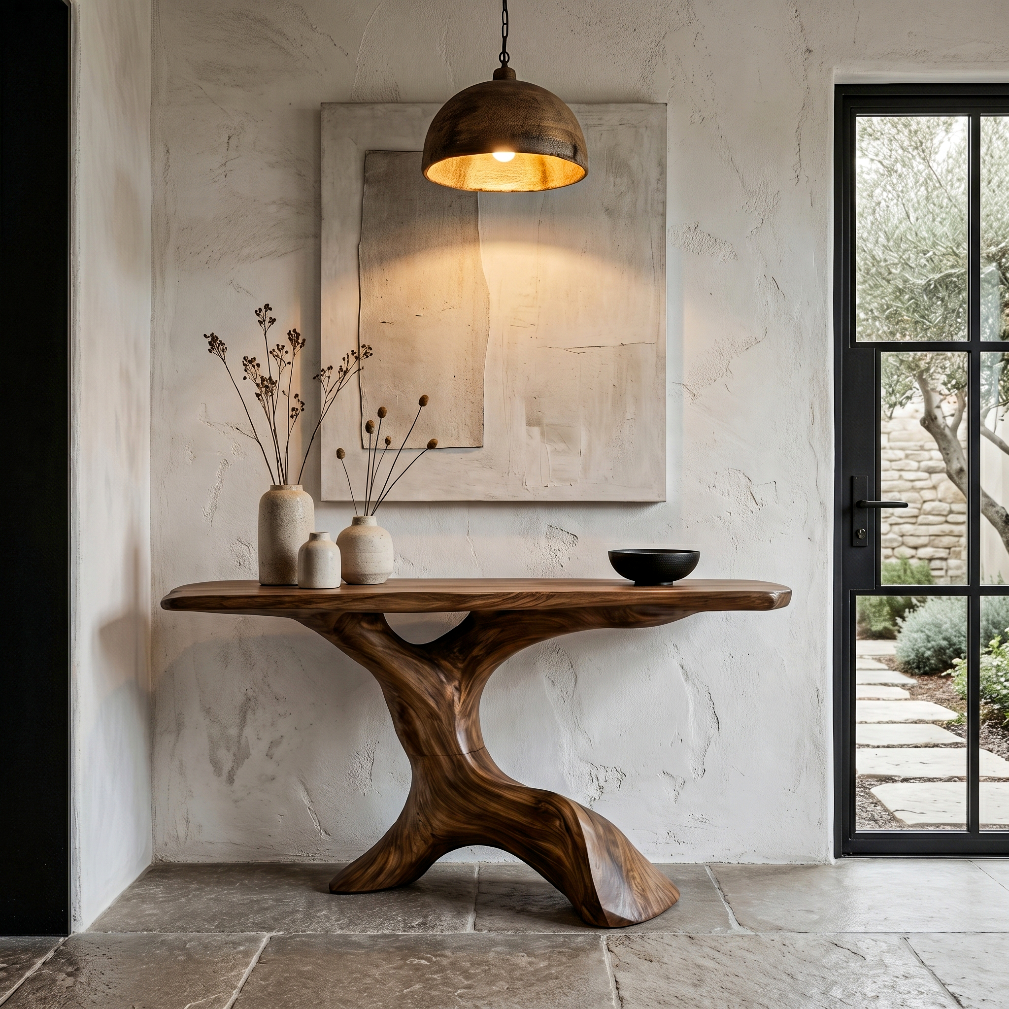 Rustic Console Table With Handcrafted Tree Root Base For Entryway And Living Room