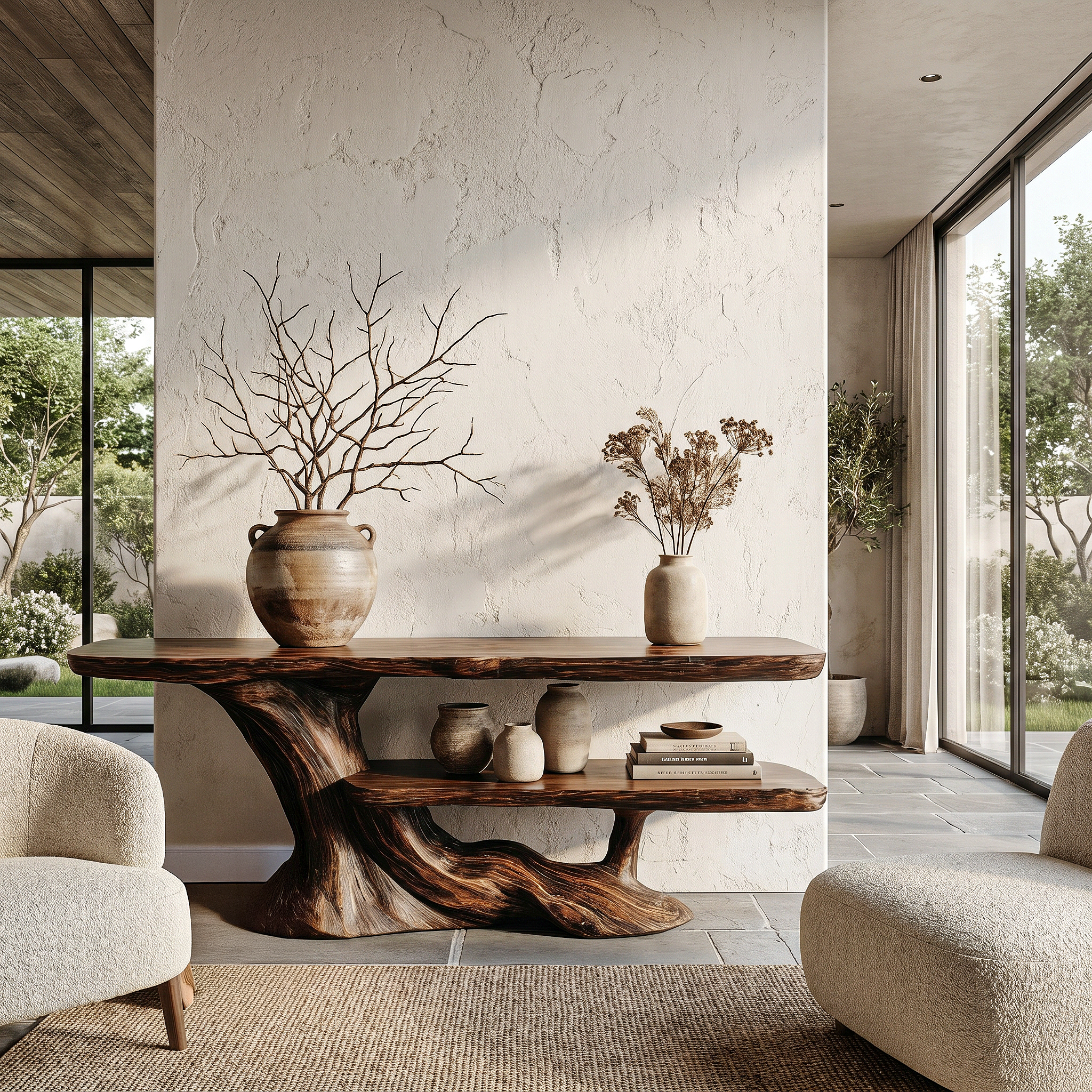 Rustic Console Table With Handcrafted Tree Root Base And Tiered Shelves For Entryway