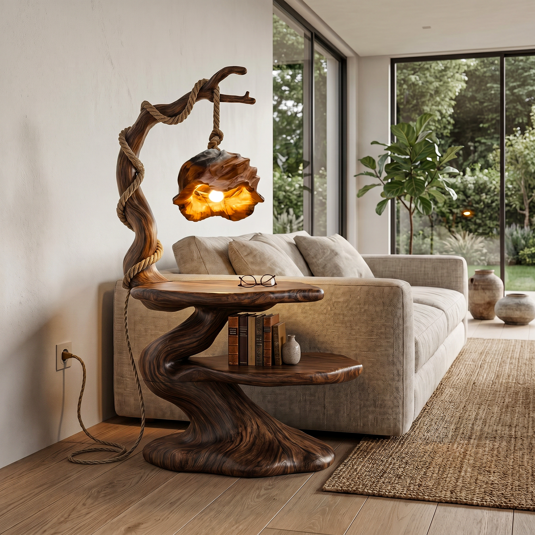 Rustic Beside Table With Tree Root Design And Hanging Lamp For Living Room