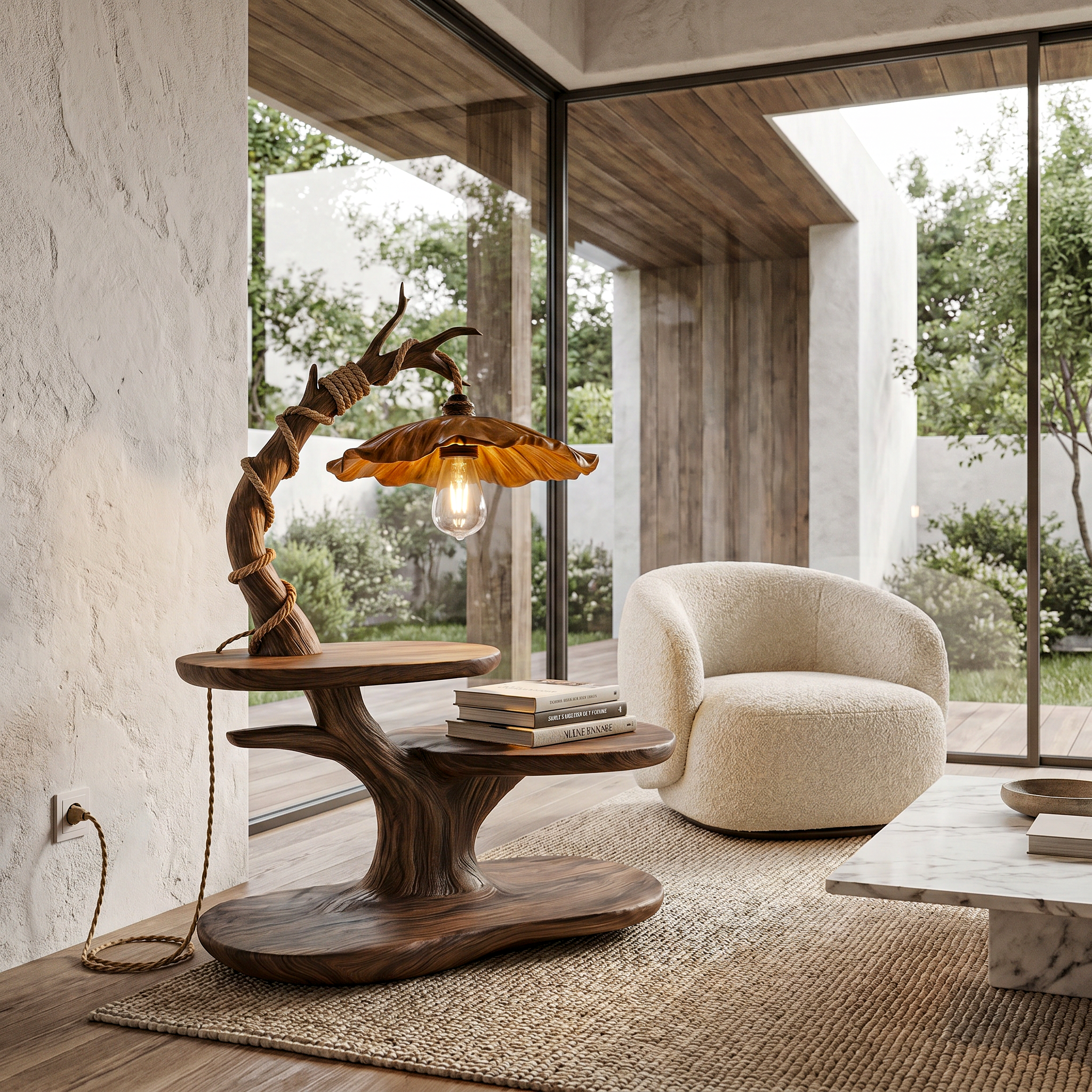 Sculptural Beside Table With Tree Branch Lamp And Open Storage Shelves For Living Room