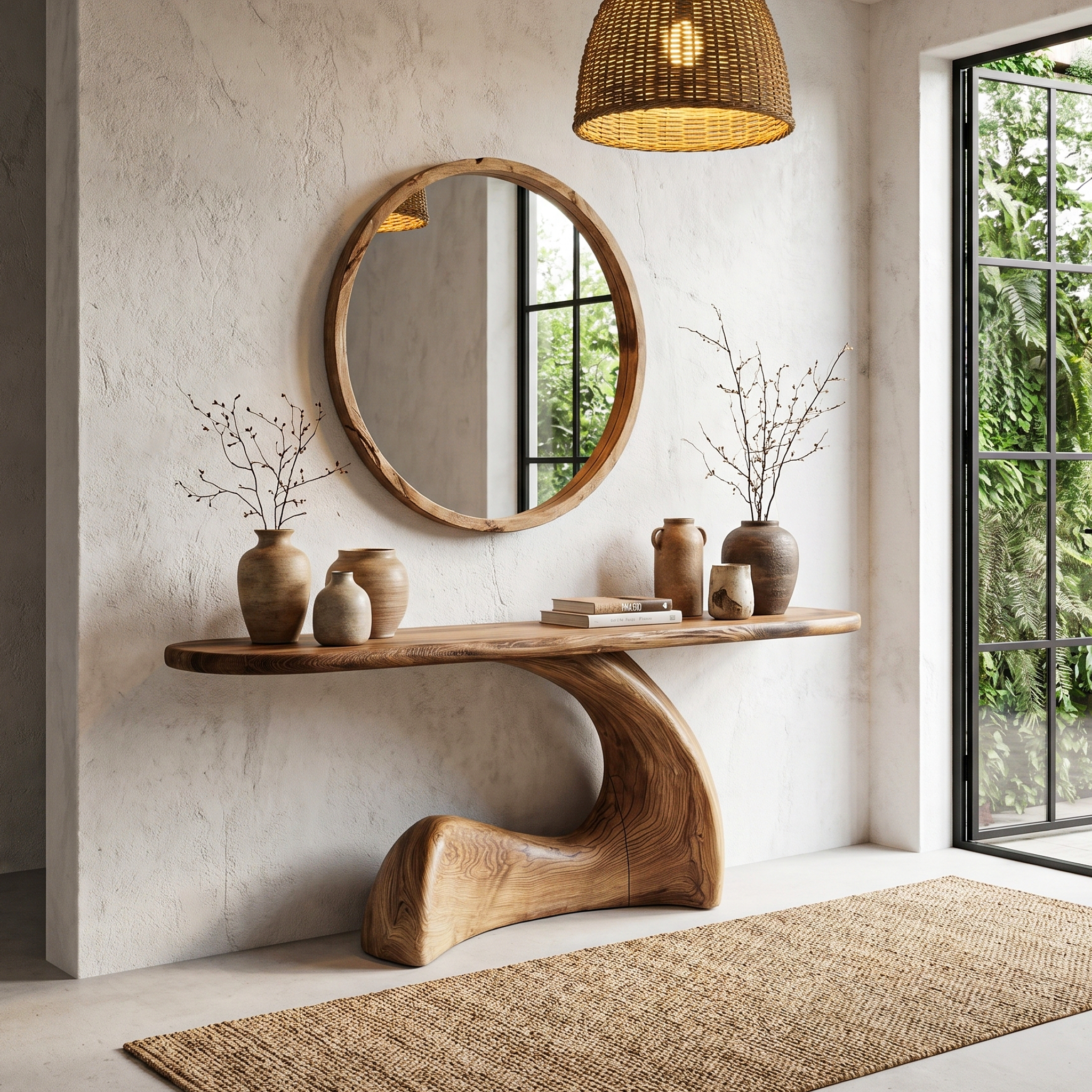 Organic Console Table With Sculptural Curved Wood Base For Entryway And Living Room