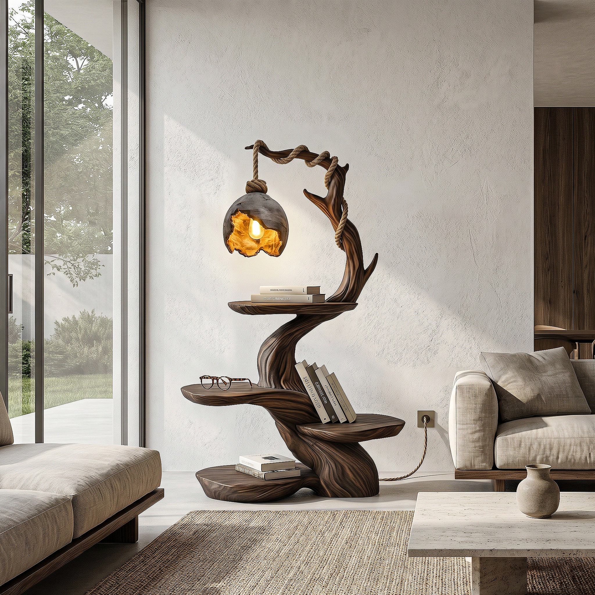 Nature Inspired Beside Table With Sculptural Tree Form And Ambient Lamp For Living Room