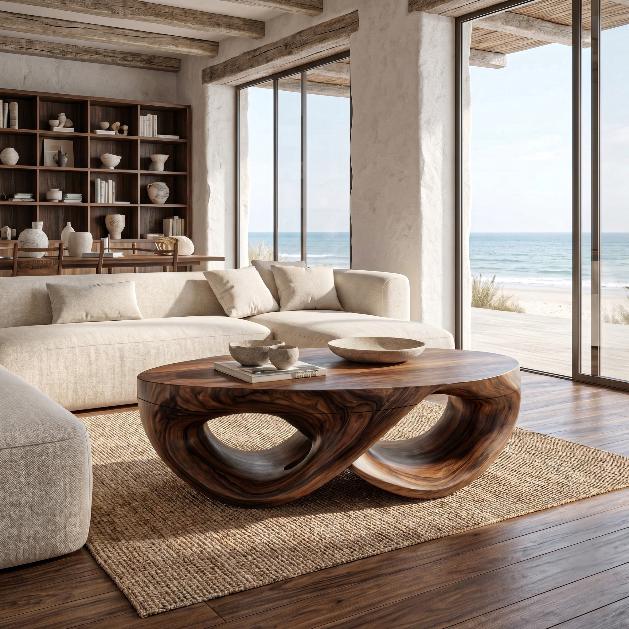 Organic Sculptural Coffee Table With Flowing Solid Wood Silhouette For Living Room