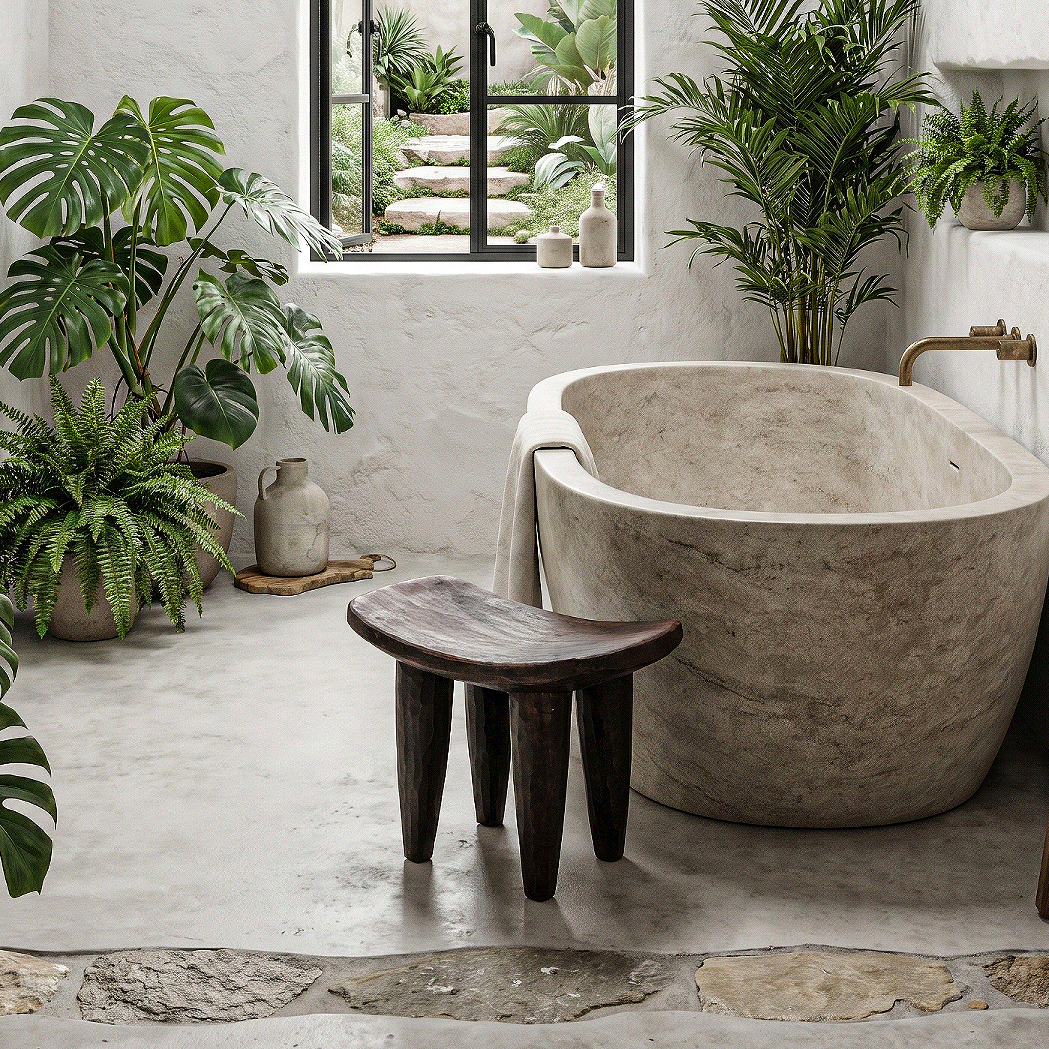 Rustic Wooden Stool With Artistic Solid Wood Form For Bathroom
