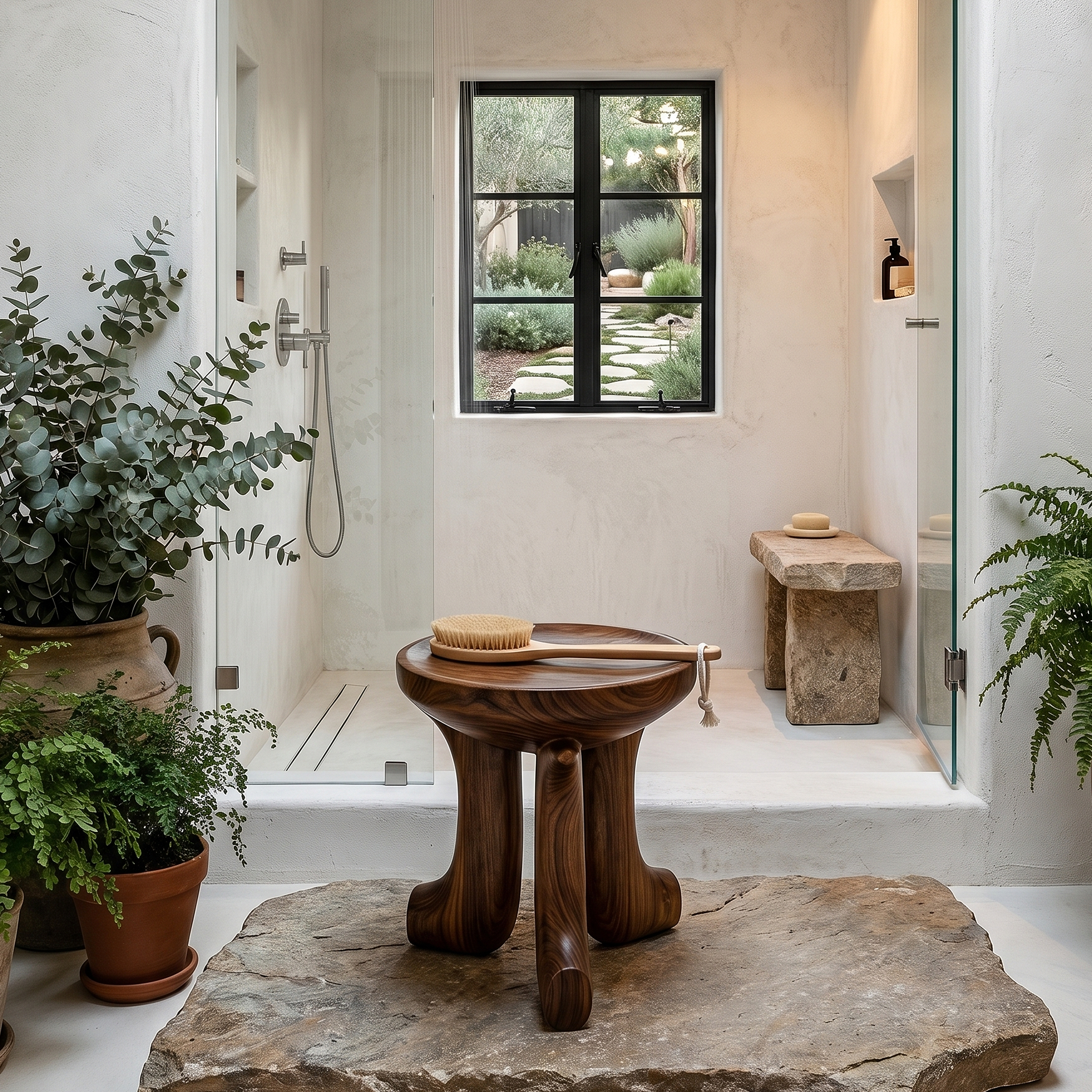 Rustic Bath Stool With Chunky Solid Wood Legs For Bathroom
