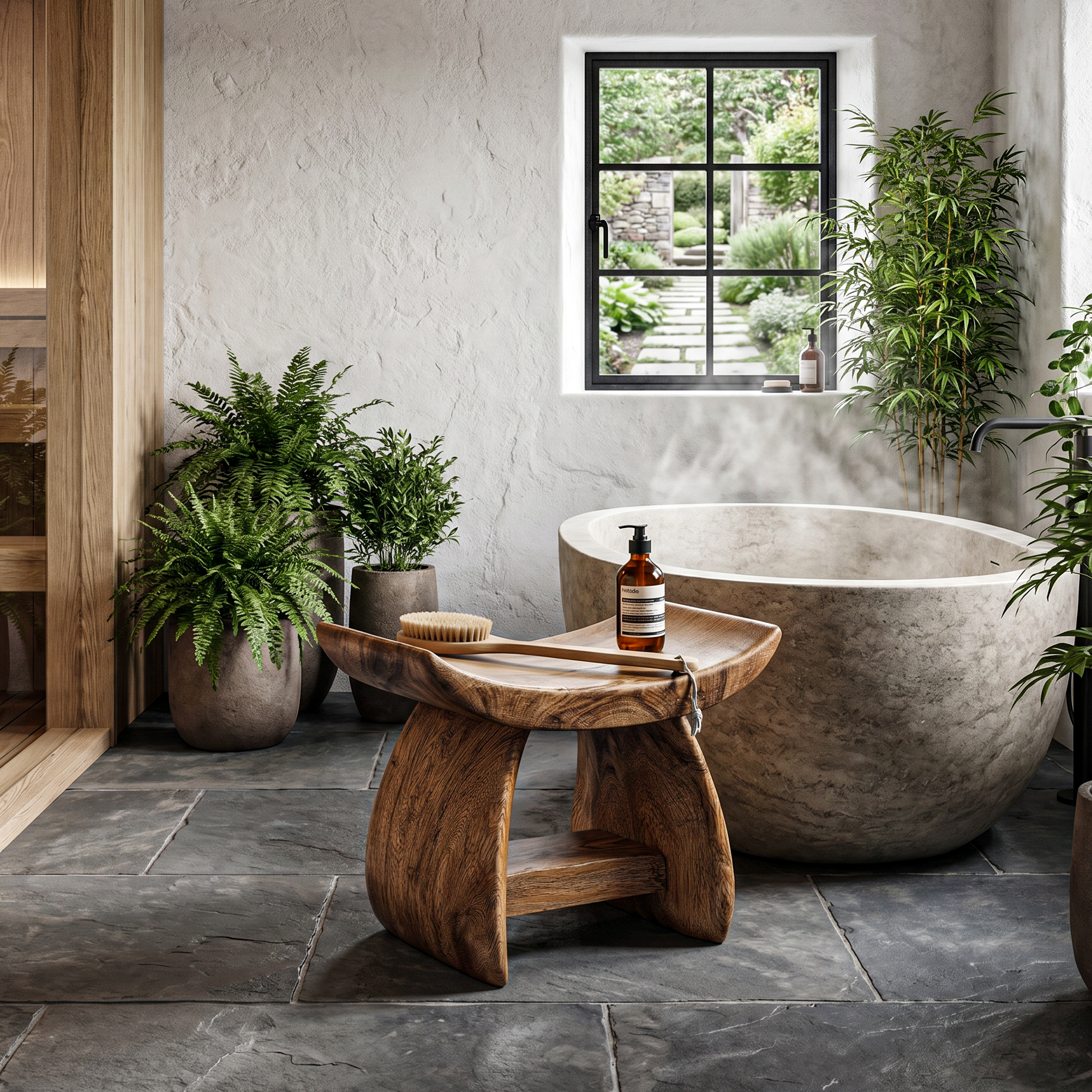 Nature Inspired Bathroom Stool With Sculptural Wood Design For Bathroom
