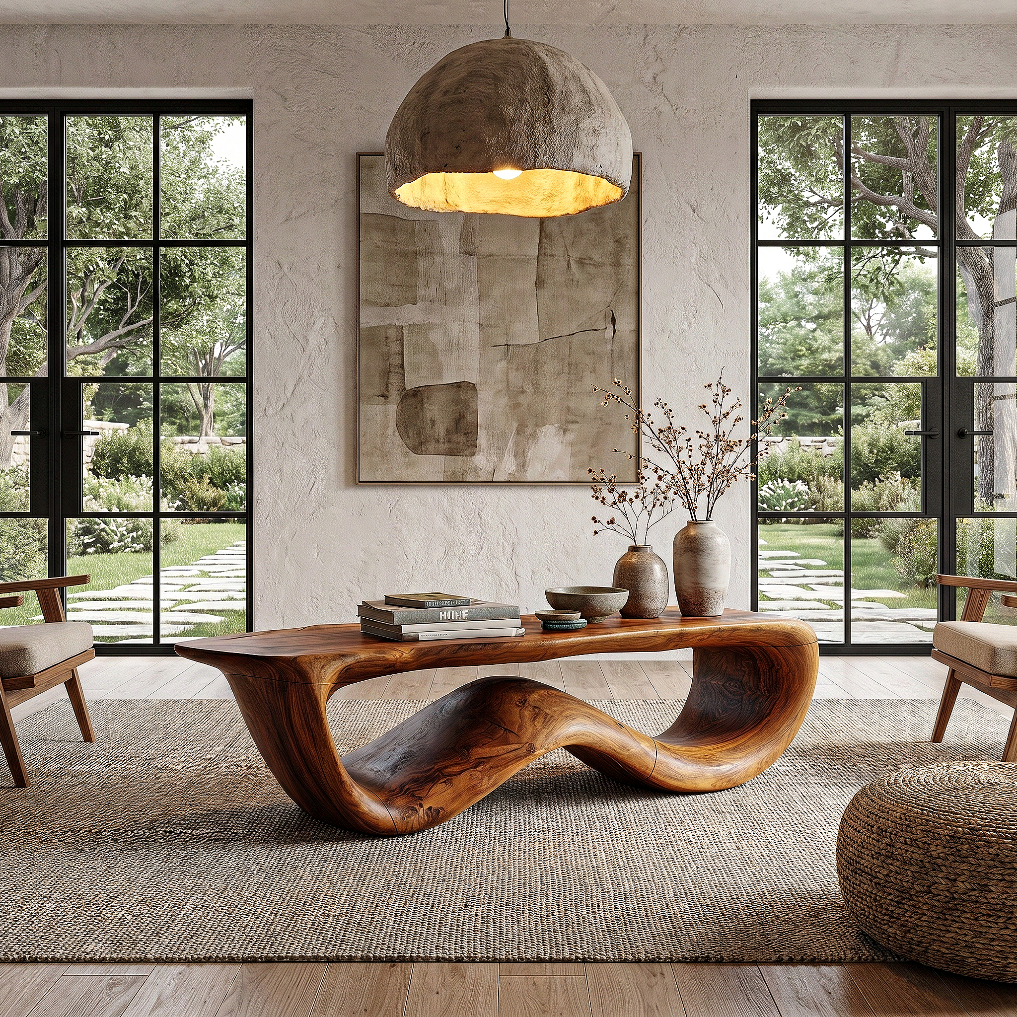 Contemporary Coffee Table With Flowing Solid Wood Silhouette For Living Room