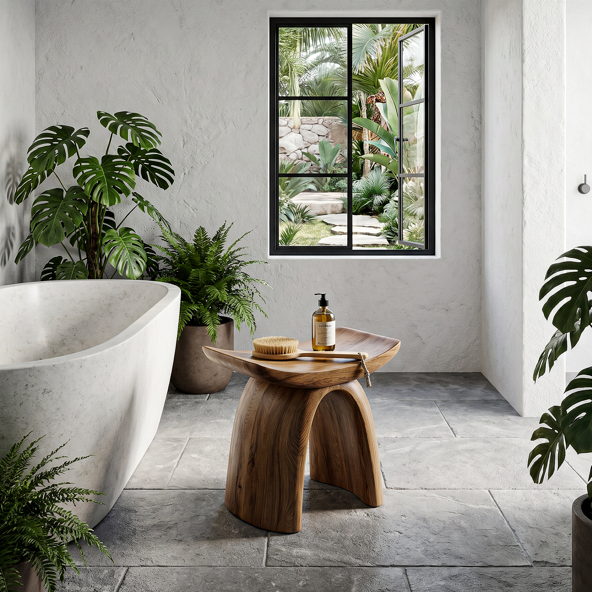 Organic Modern Shower Stool With Sculptural Wood Base For Bathroom