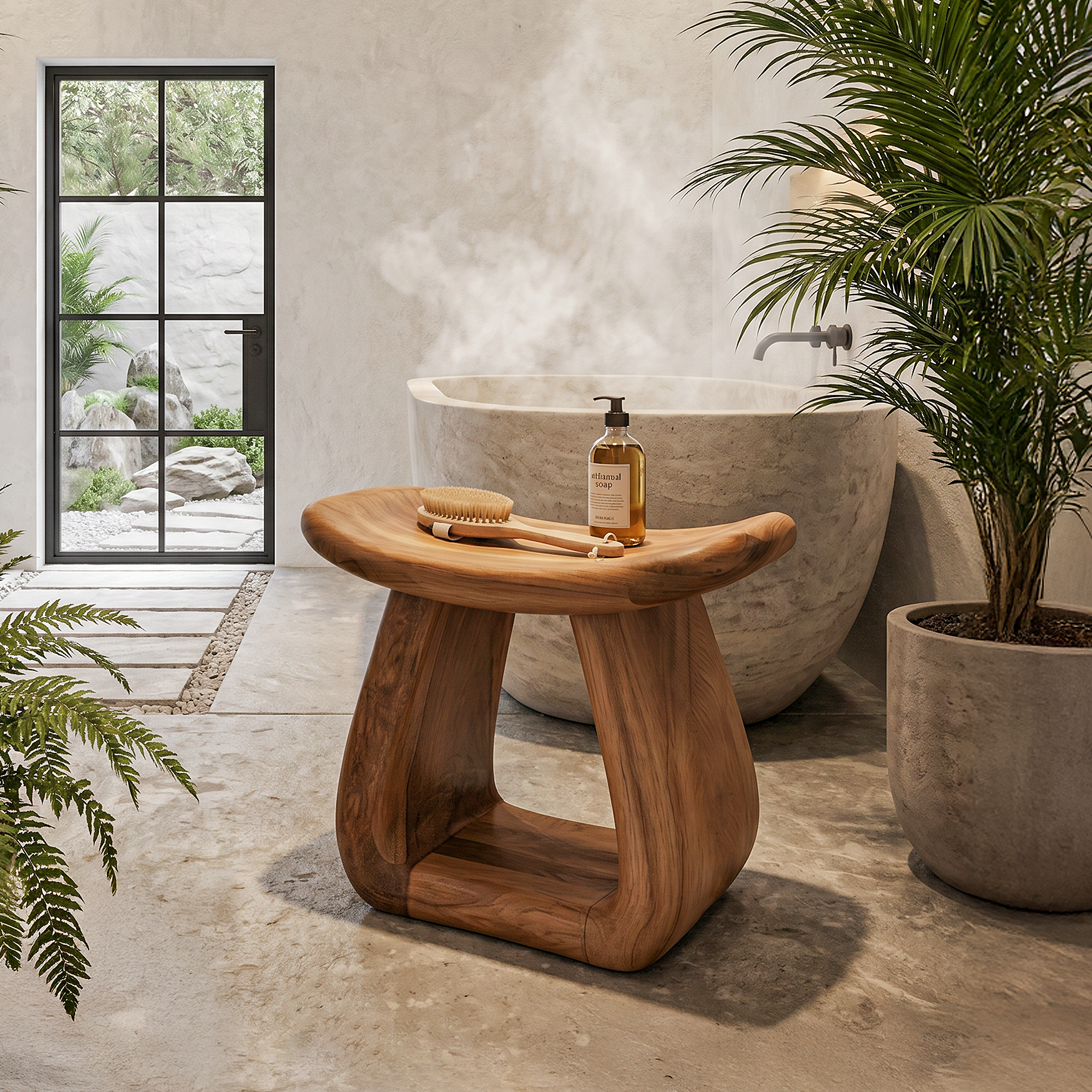 Organic Bath Stool With Handcrafted Pedestal Design For Bathroom
