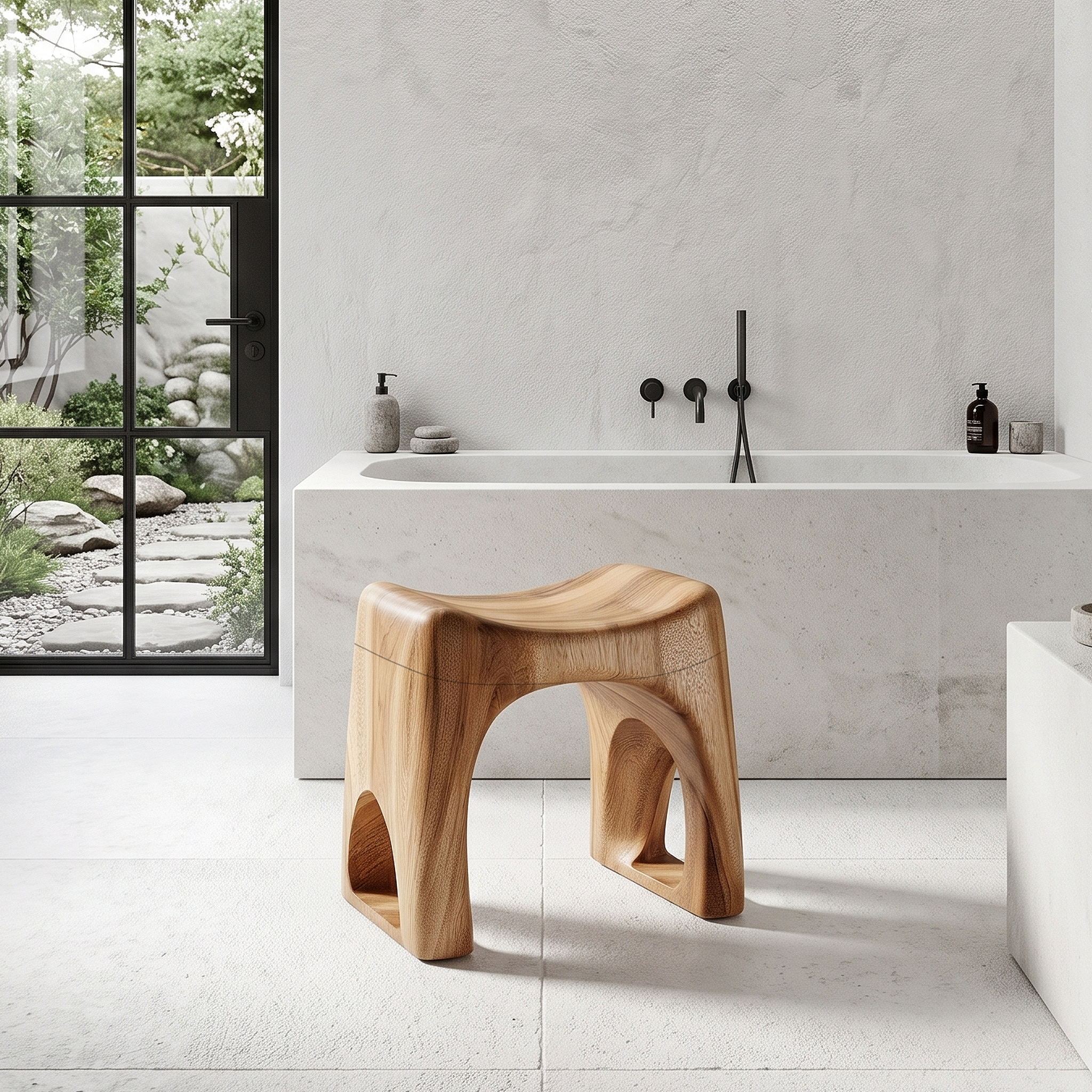Minimalist Bathroom Stool With Organic Solid Wood Design For Bathroom