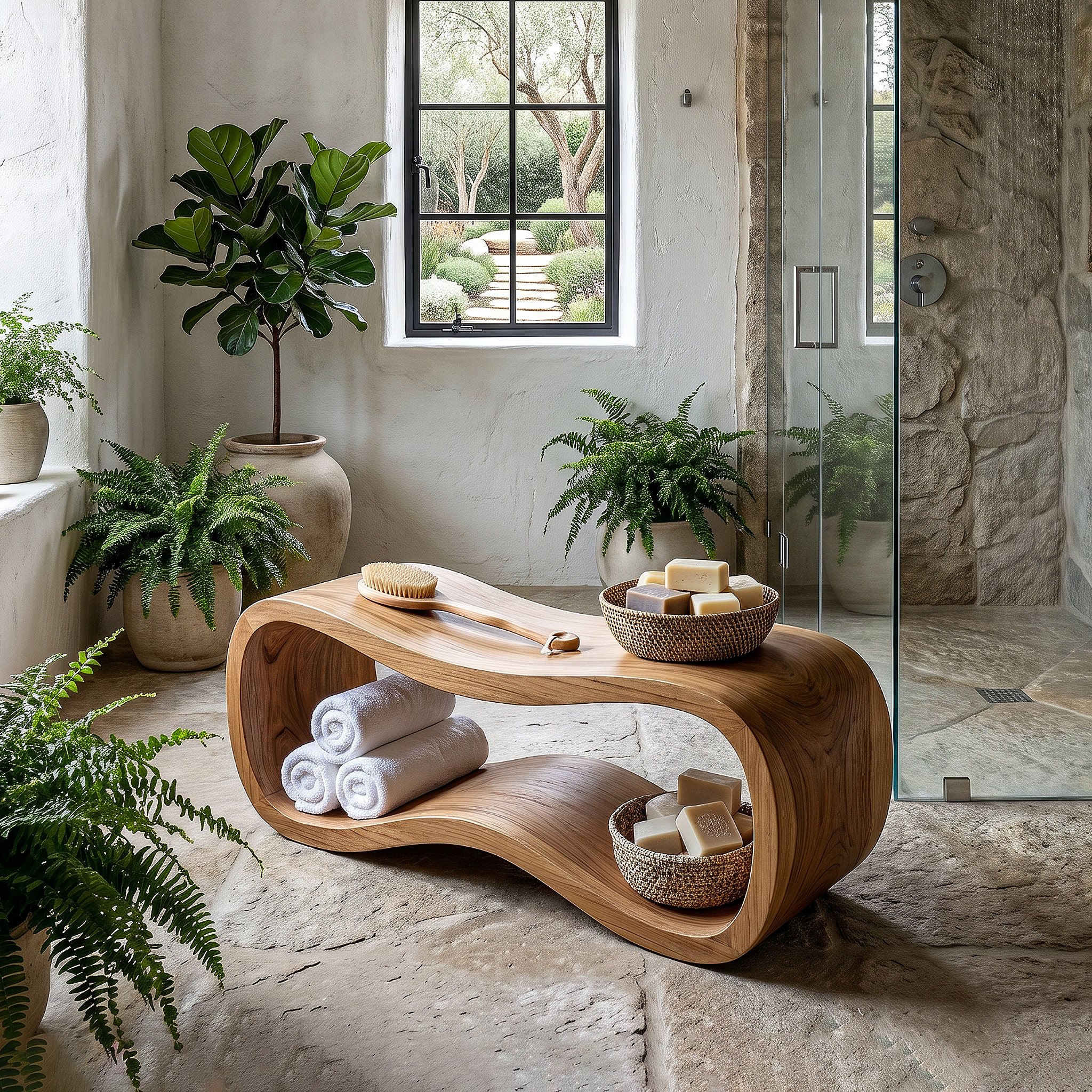 Sculptural Wooden Shower Bench For Bathroom
