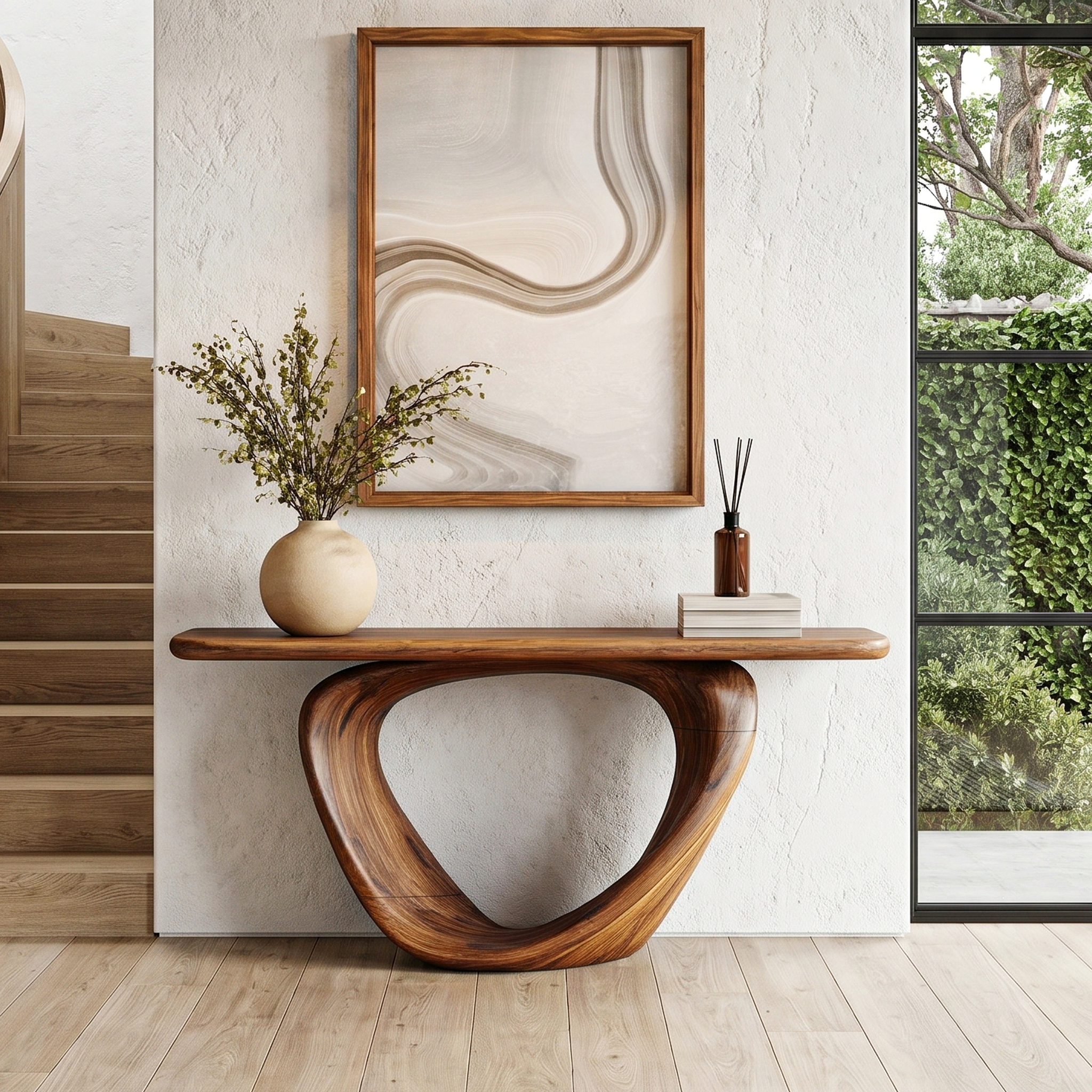Sculptural Console Table With Loop Shaped Wooden Base Live Edge Console Table With Unique Sculptural Base Design