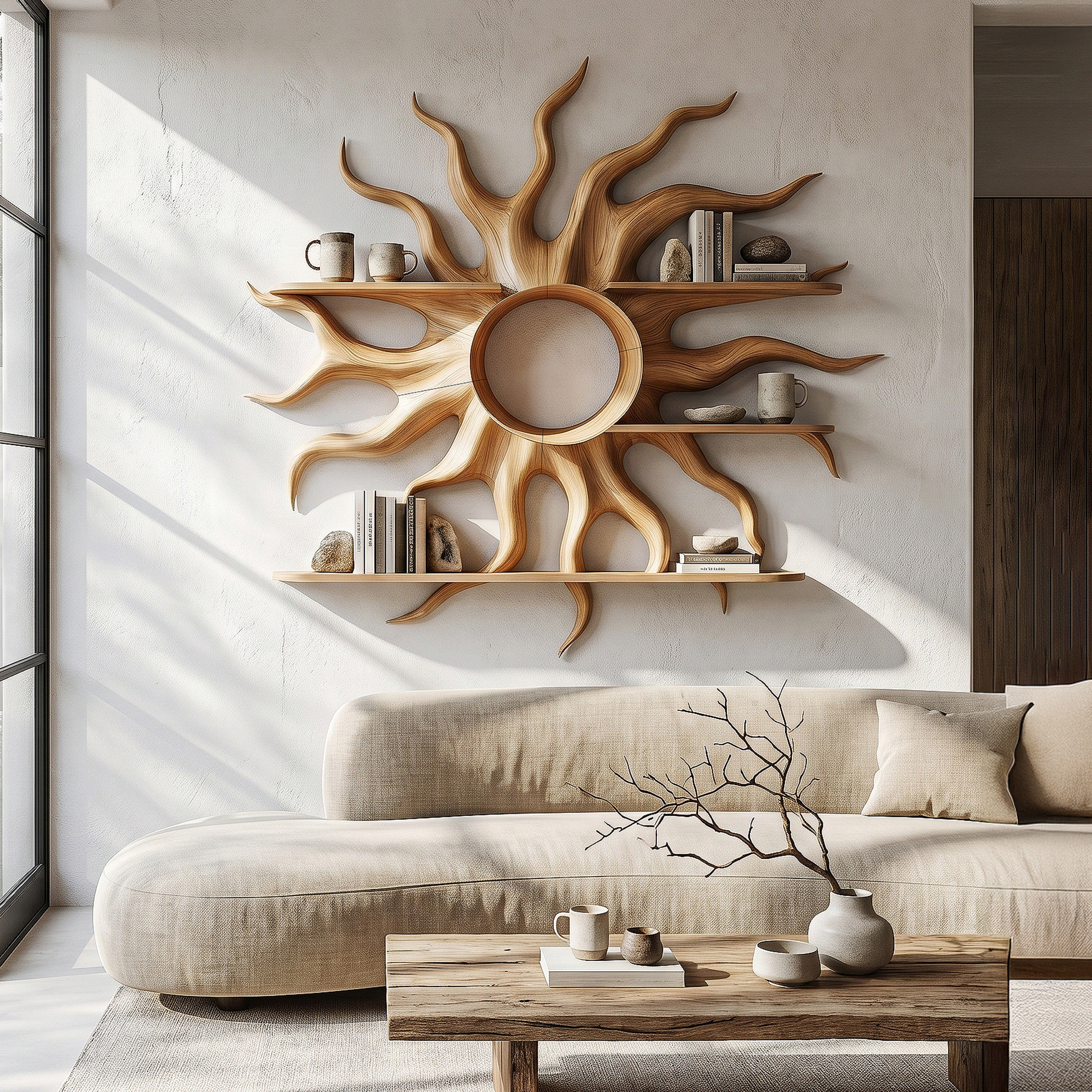 Sculptural Sun Wall Shelf With Floating Shelf For Home Decor