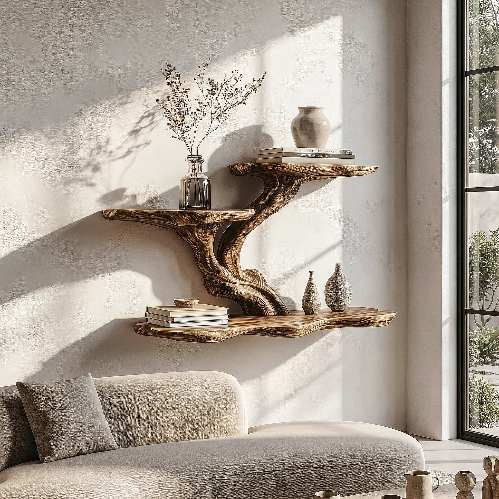 Organic Tree Branch Floating Shelf With Sculptural Wall Storage For Living Room