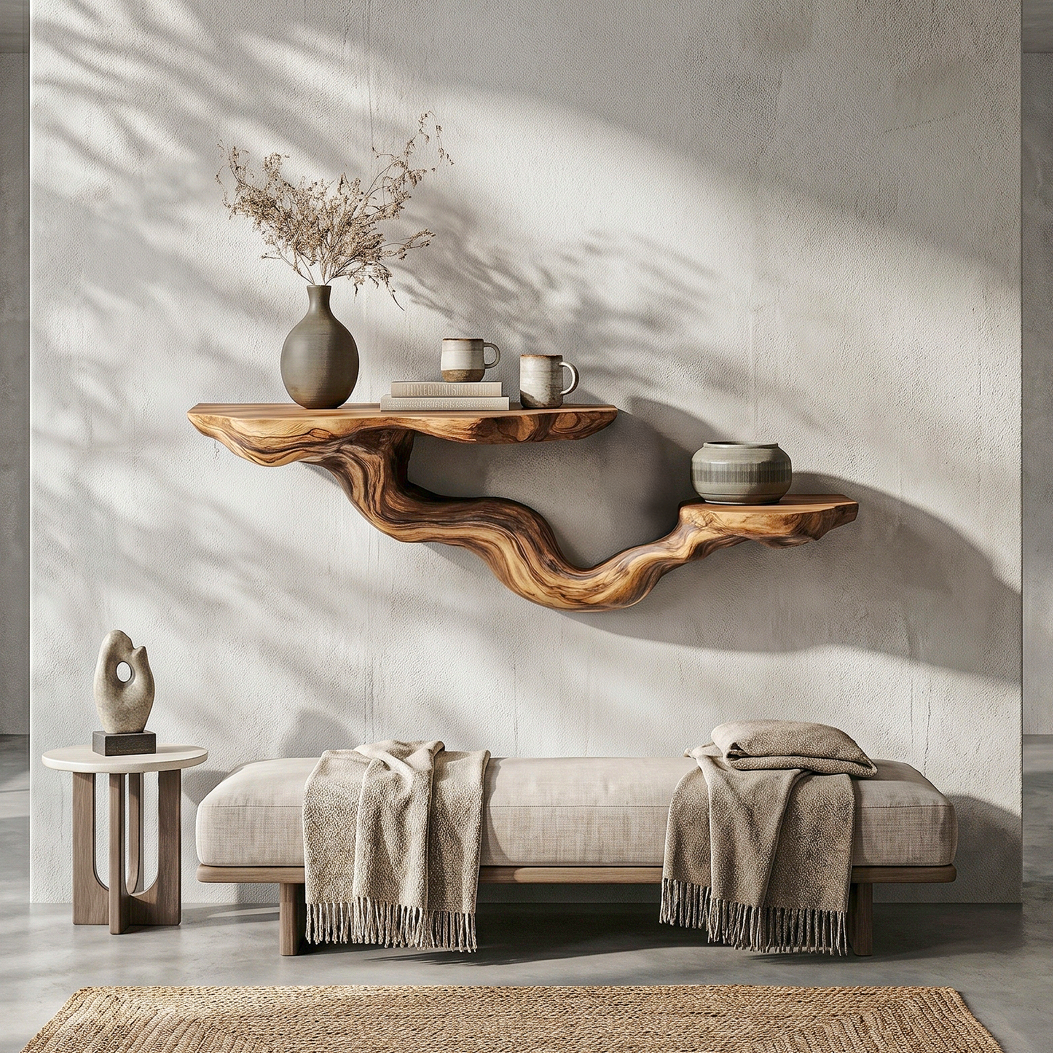 Rustic Floating Shelf With Sculptural Tree Branch Form For Home Decor