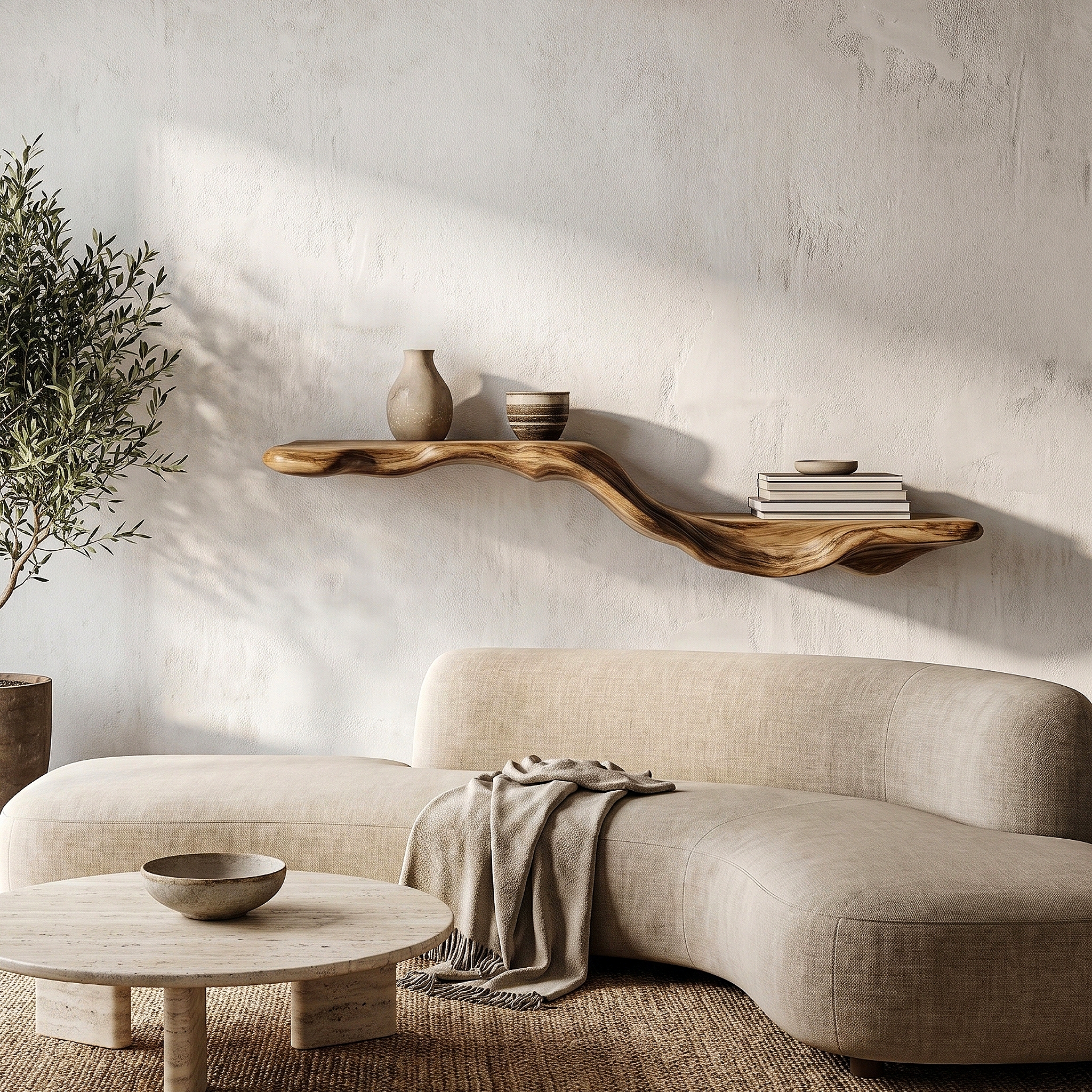 Organic Floating Shelf With Flowing Tree Branch Design For Living Room And Bedroom
