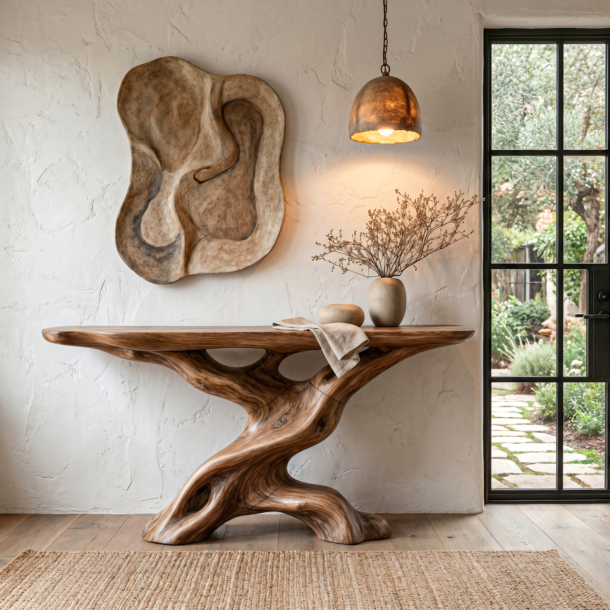 Live Edge Console Table With Unique Sculptural Base Design For Living Room