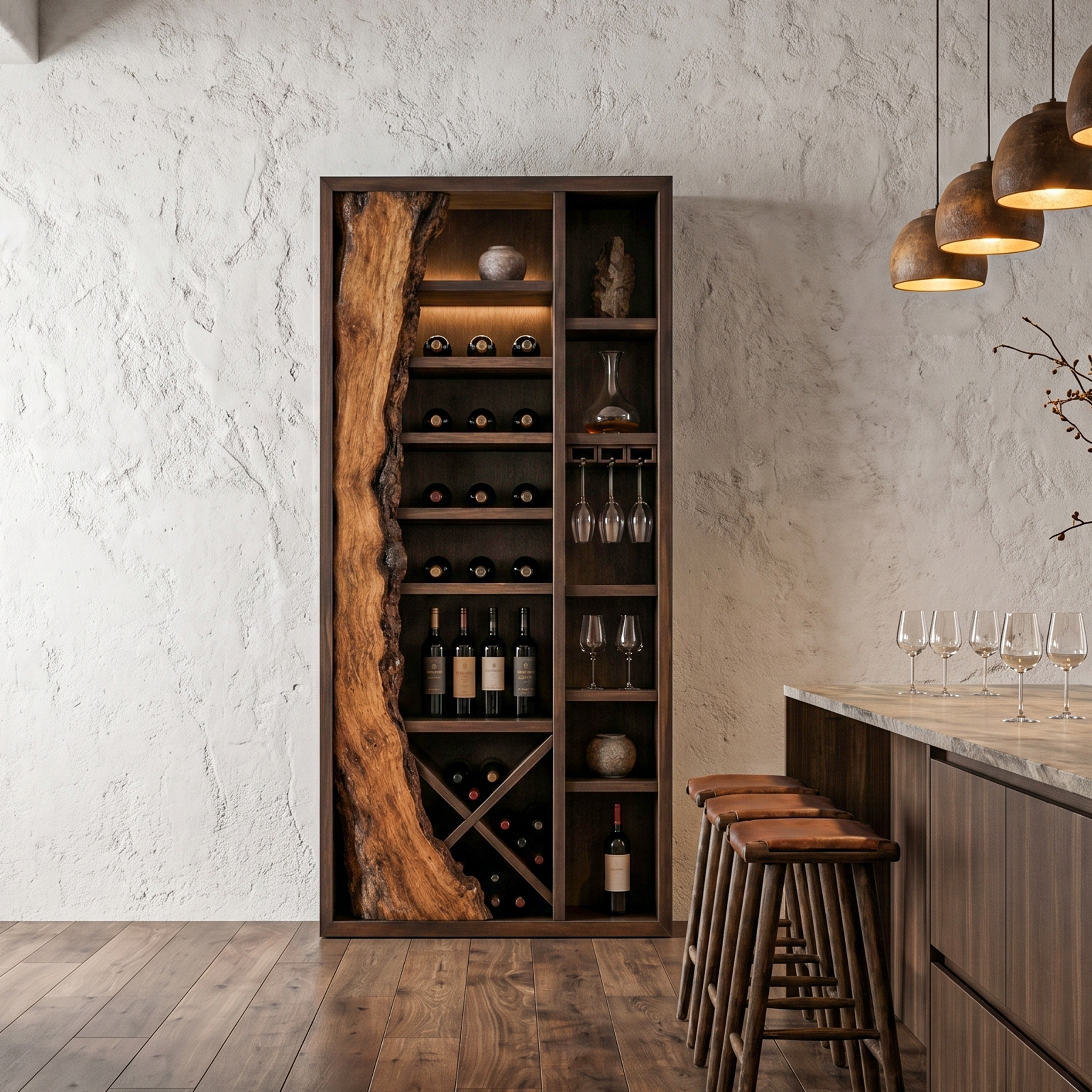 Rustic Wine Cabinet With Live Edge Wood Inlay And Built In Bottle Storage For Dining Room