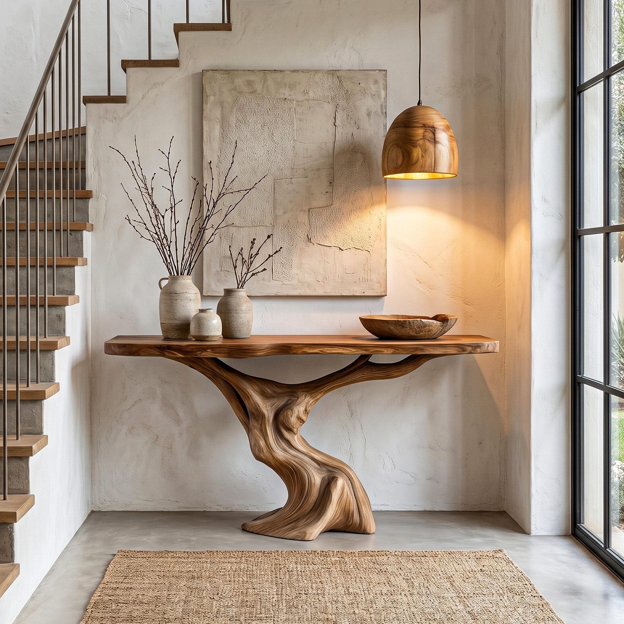 Rustic Organic Console Table With Unique Sculptural Tree Inspired Wood Base For Entryway And Living Room