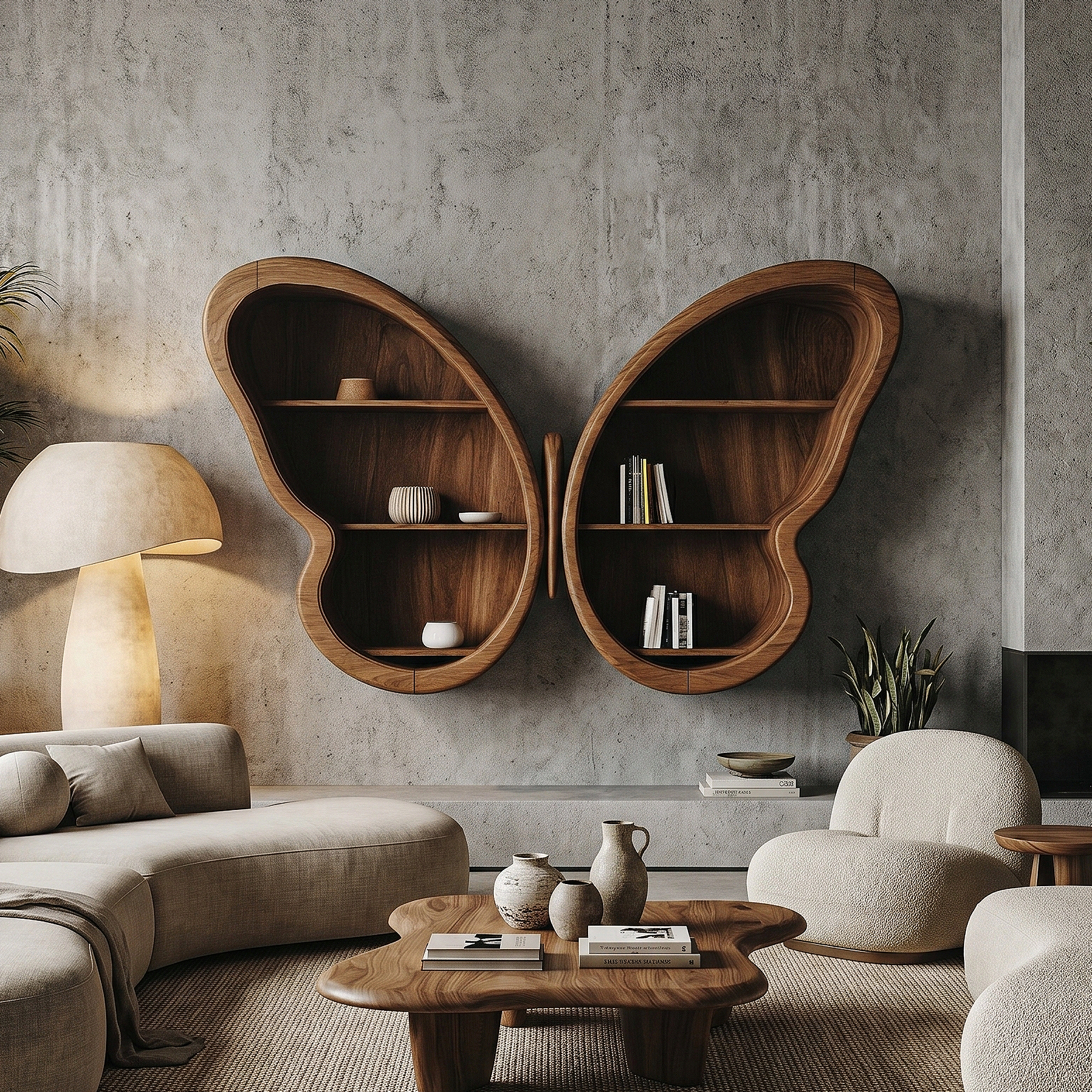 Modern Butterfly Wall Shelf With Sculptural Wooden Display Storage For Living Room