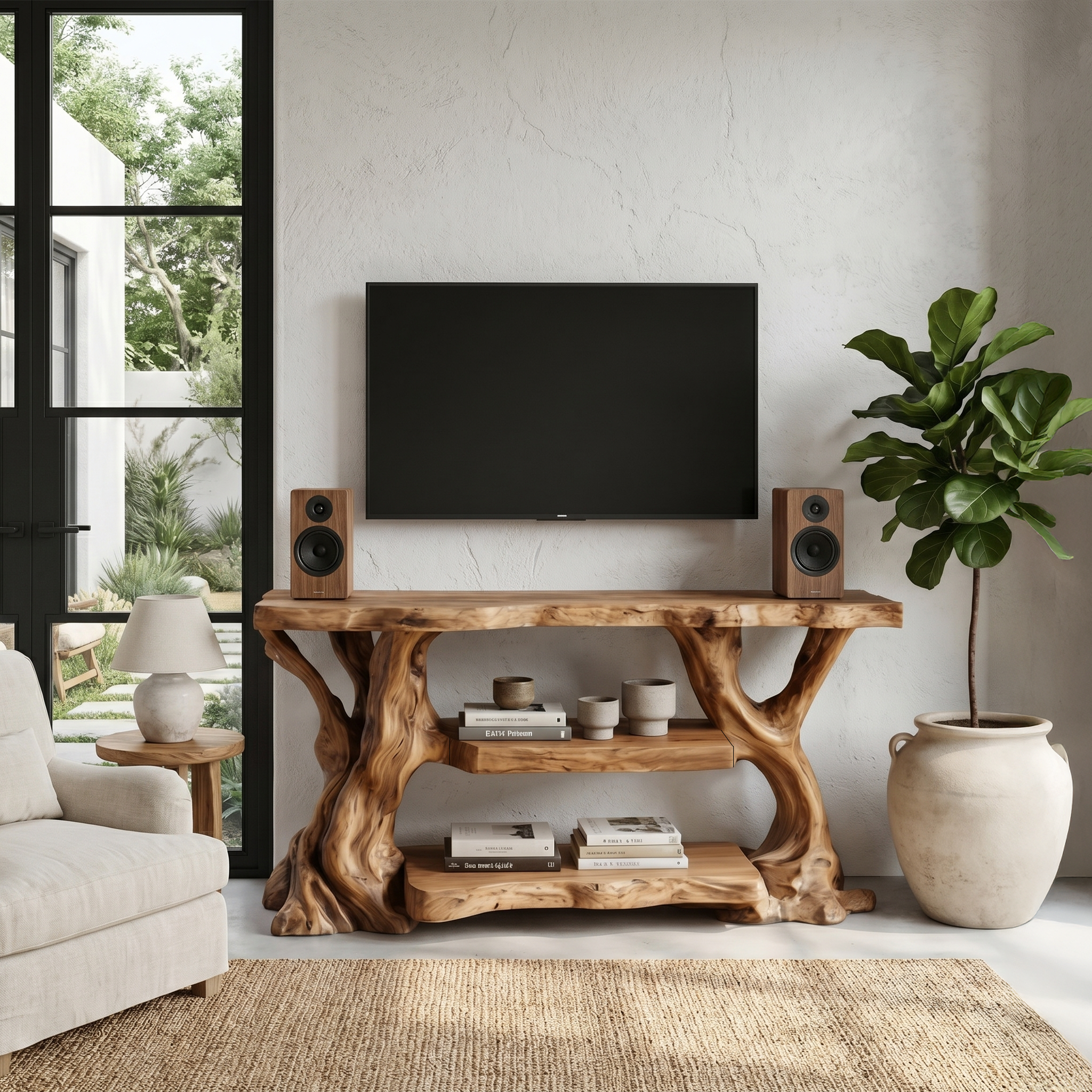 Rustic TV Stand With Natural Wood Sculptural Frame For Living Room