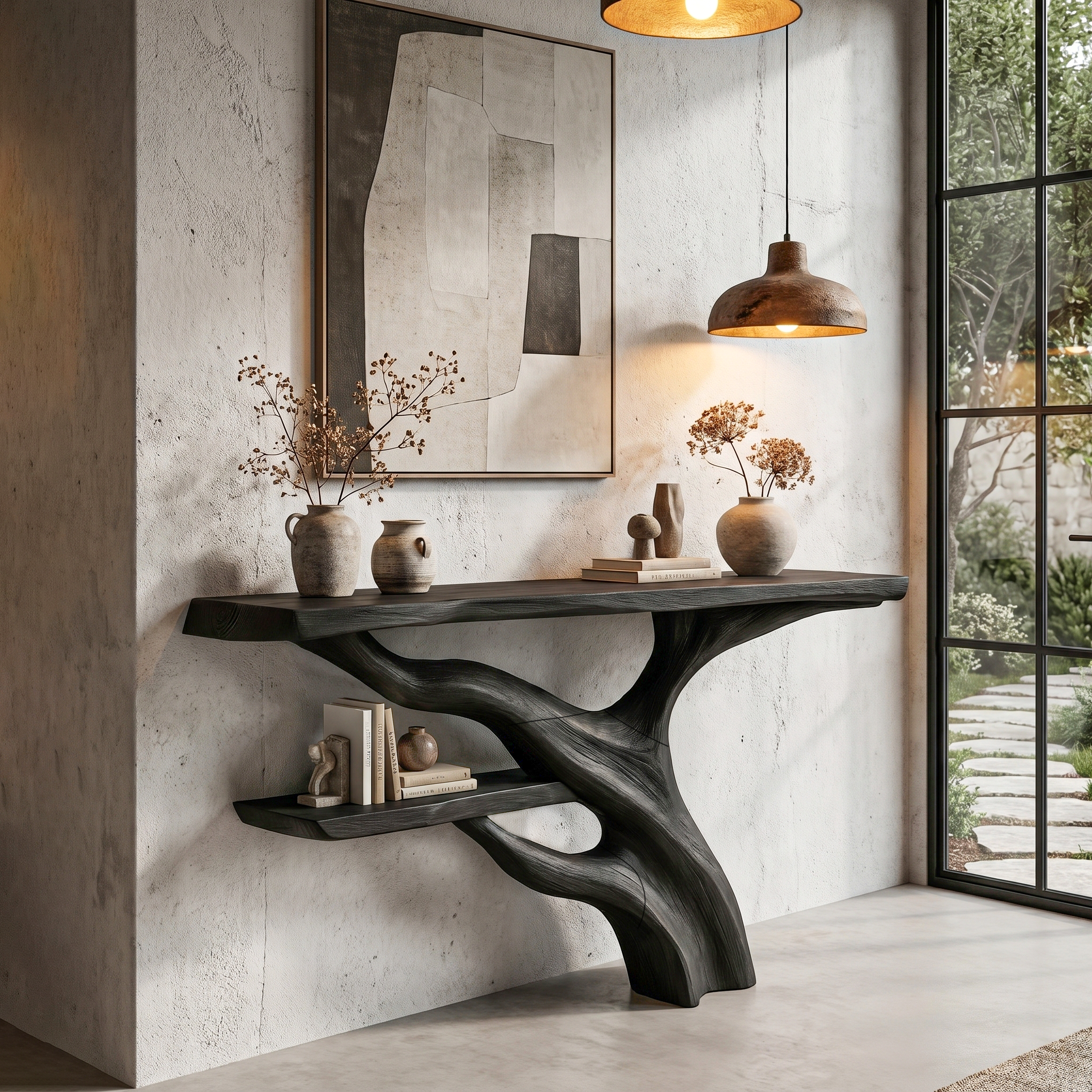 Sculptural Console Table With Abstract Branch Inspired Base And Solid Wood Top For Entryway