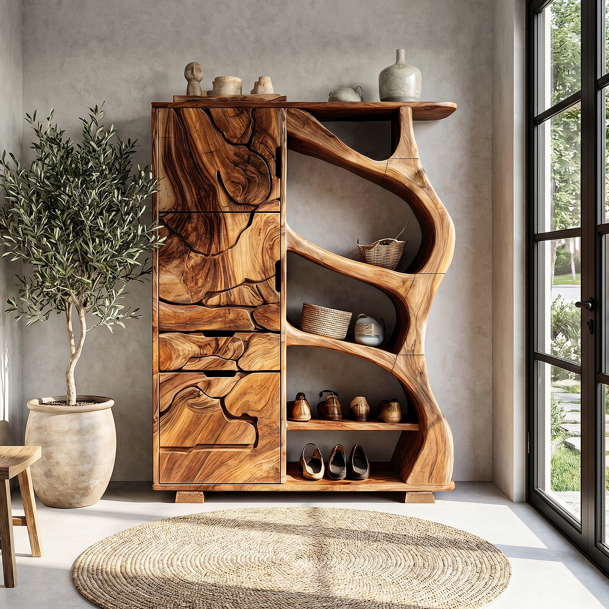 Nature Inspired Entryway Cabinet Organic Storage Design