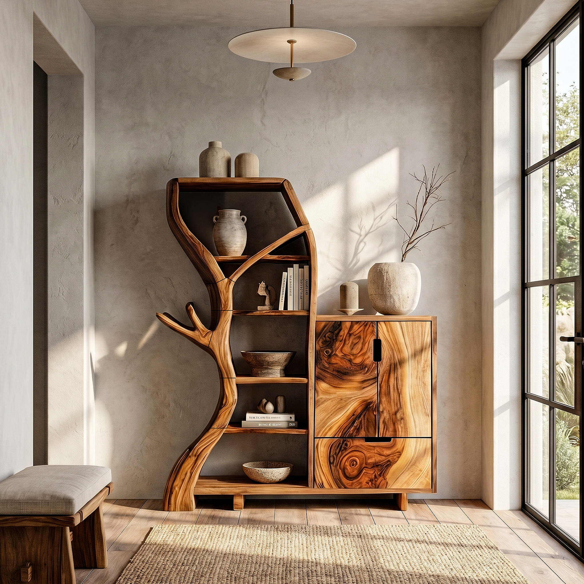 Rustic Storage Cabinet With Tree Bookshelf And Display Shelves For Entryway