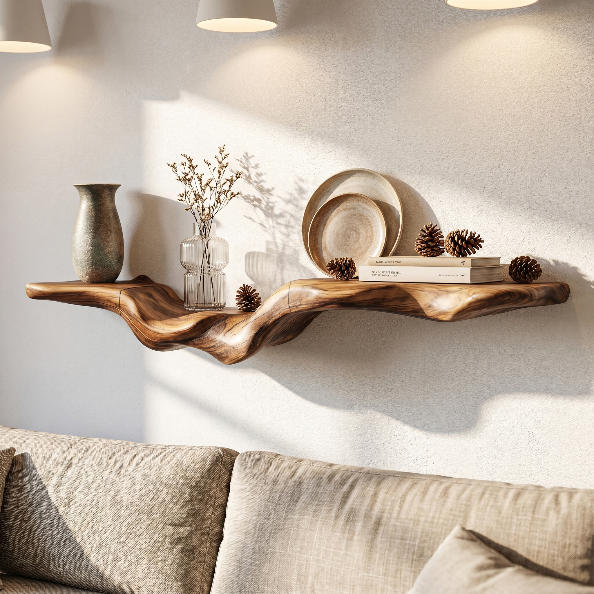 Rustic Floating Shelf With Natural Wood Flowing Form For Living Room
