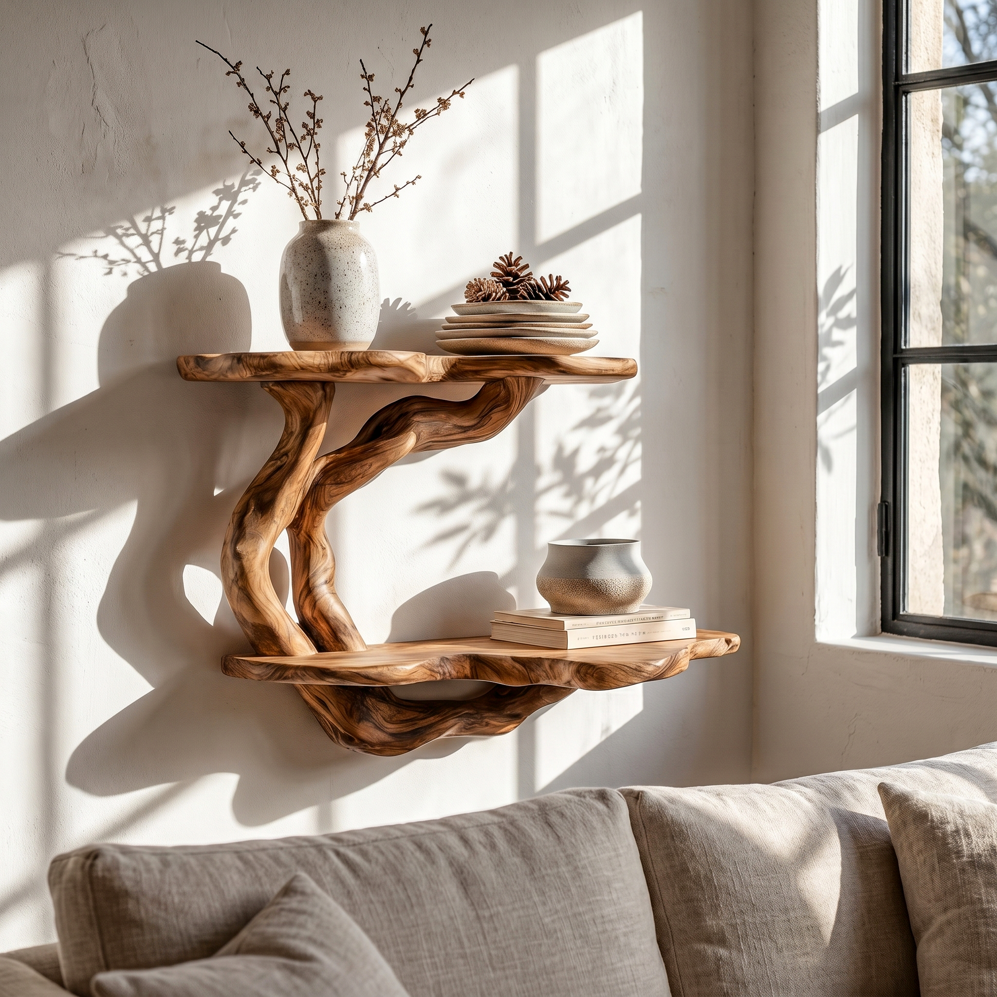 Handcrafted Floating Shelf With Sculptural Tree Form For Living Room Decor