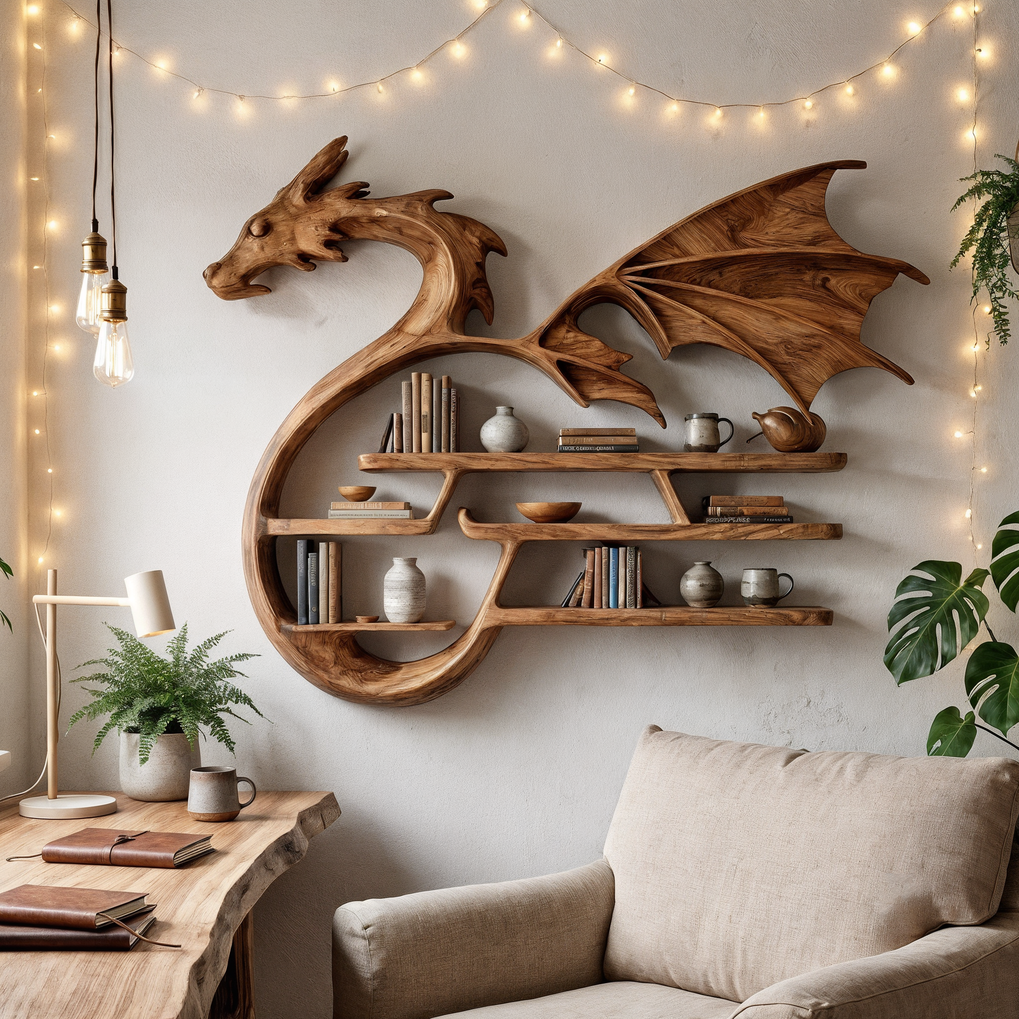 Medieval Dragon Wall Shelf With Sculptural Wooden Display Storage For Living Room