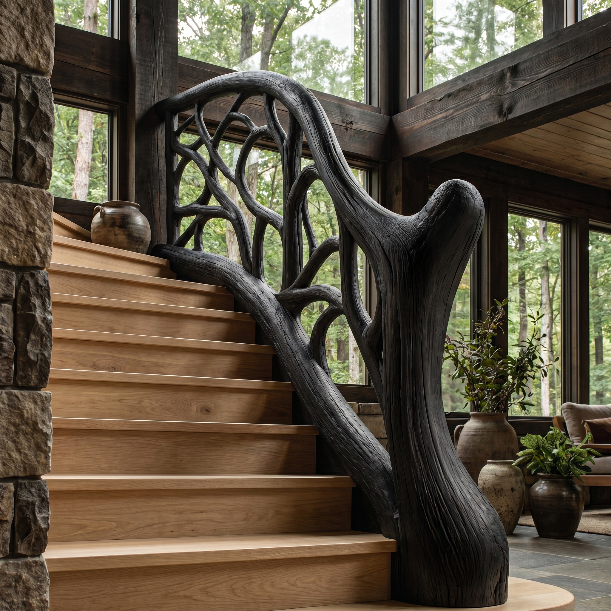 Organic Sculptural Stair Railing With Flowing Wood Design For Modern Interior
