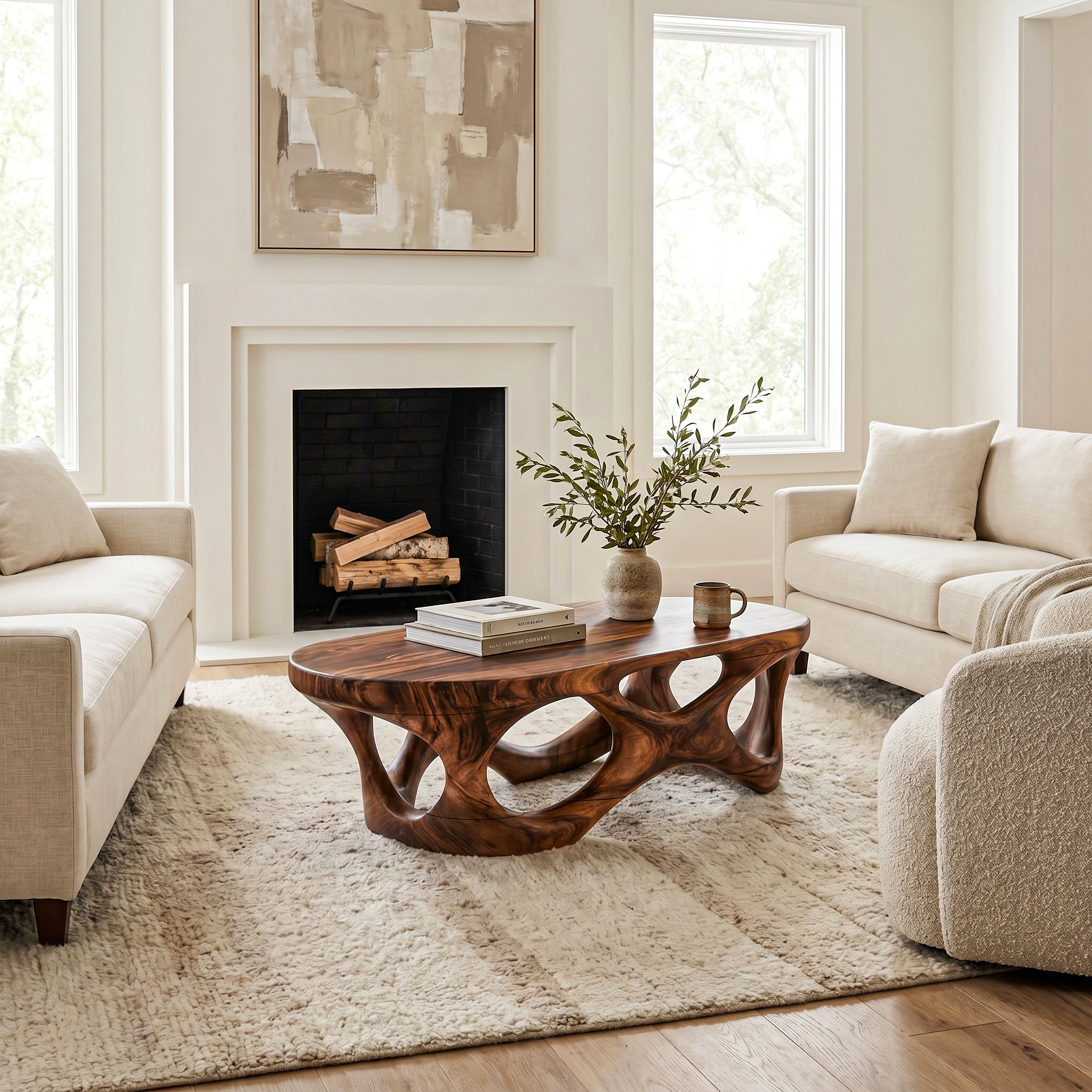 Sculptural Coffee Table With Interlocking Wood Base For Living Room