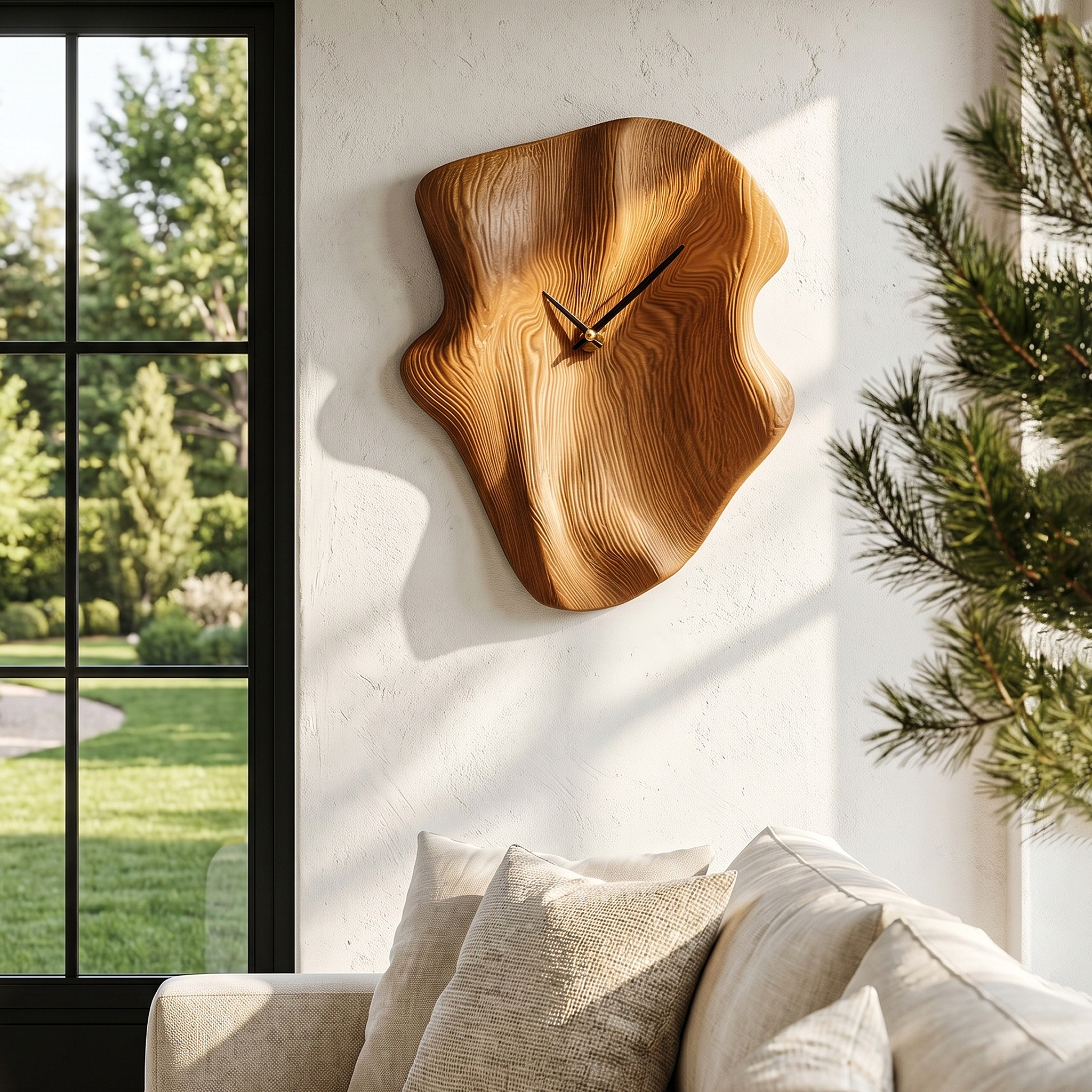 Nature Inspired Wood Wall Clock With Artistic Live Edge Form For Living Room