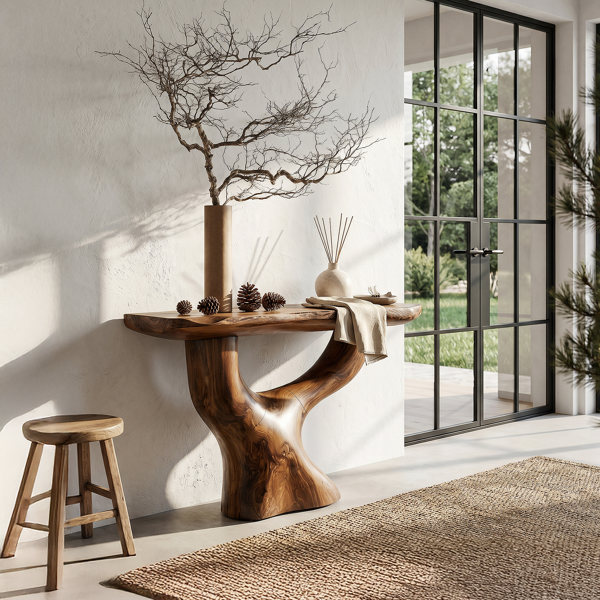 Rustic Console Table With Sculptural Tree Root Base For Entryway
