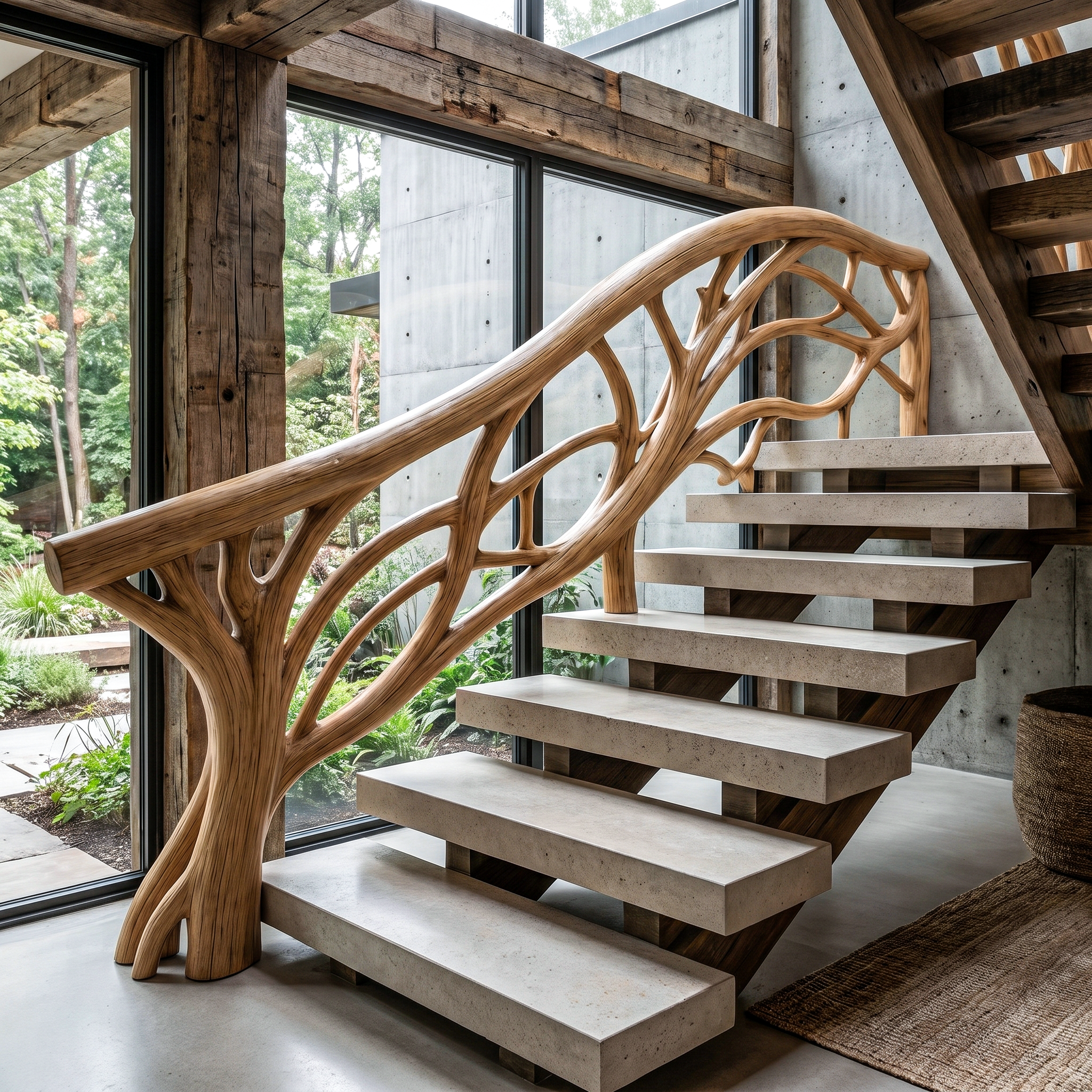 Organic Tree Branch Stair Railing With Natural Wood Design For Interior Staircase