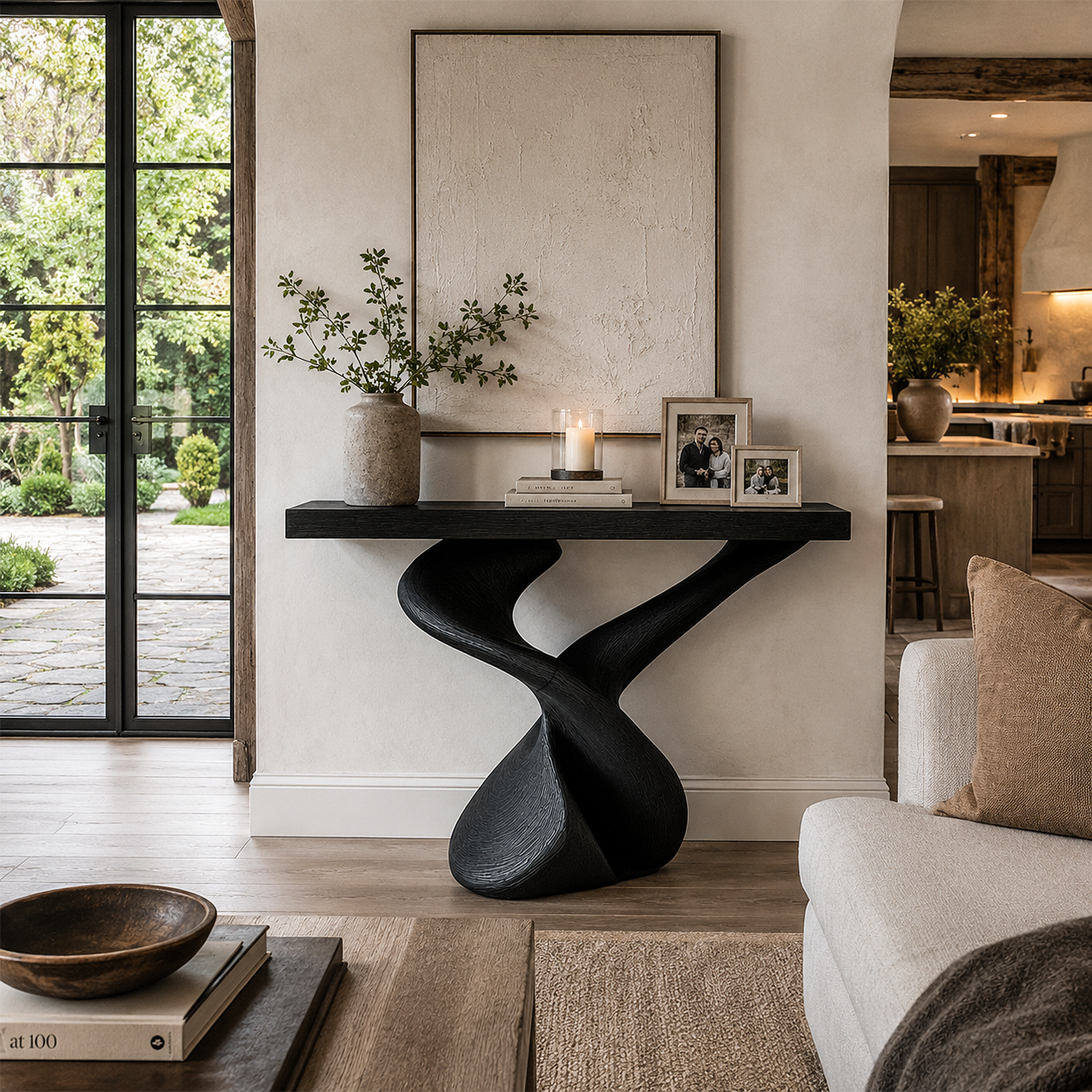 Organic Sculptural Console Table With Artistic Curved Base For Entryway