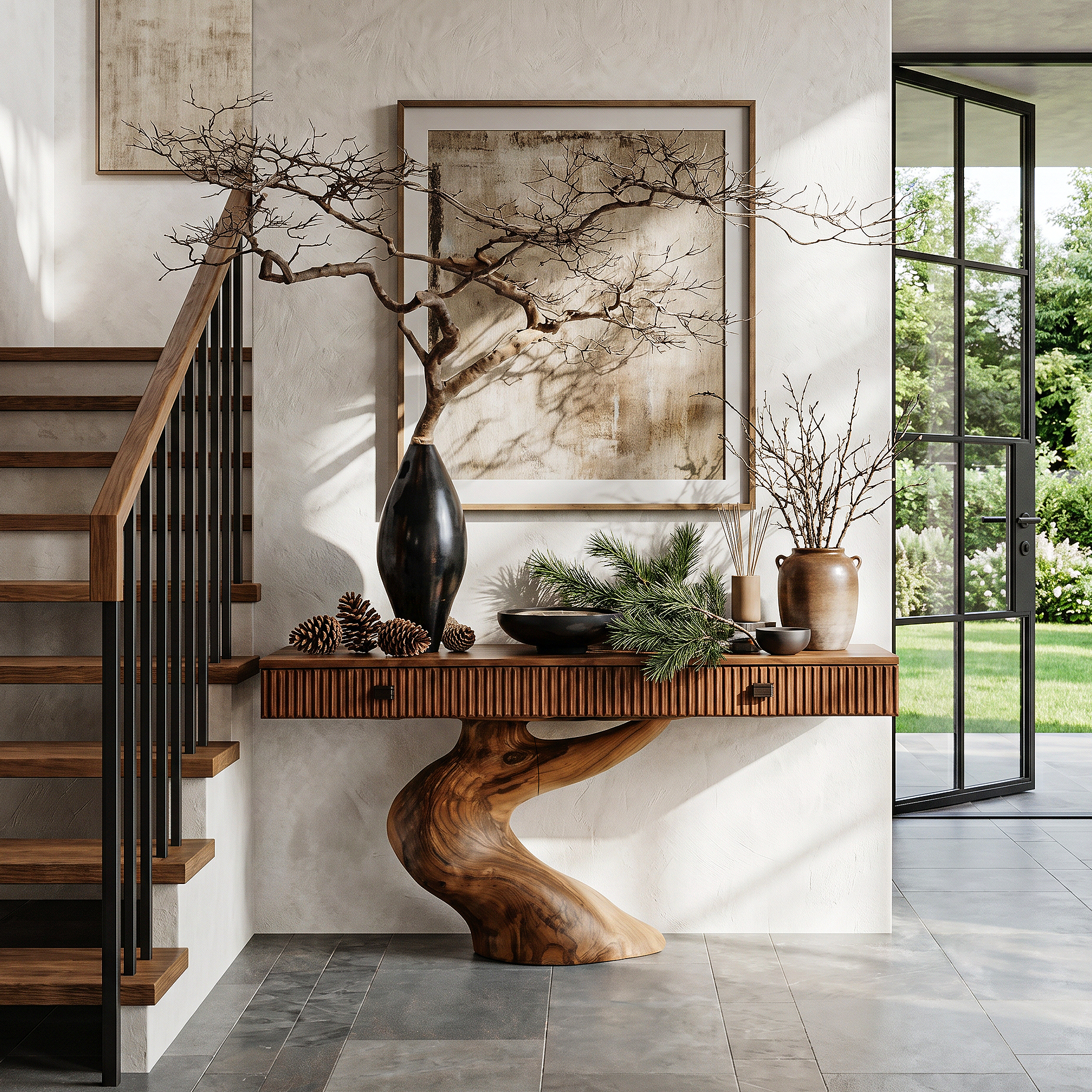 Rustic Console Table With Integrated Drawers And Artistic Tree Root Pedestal For Living Room