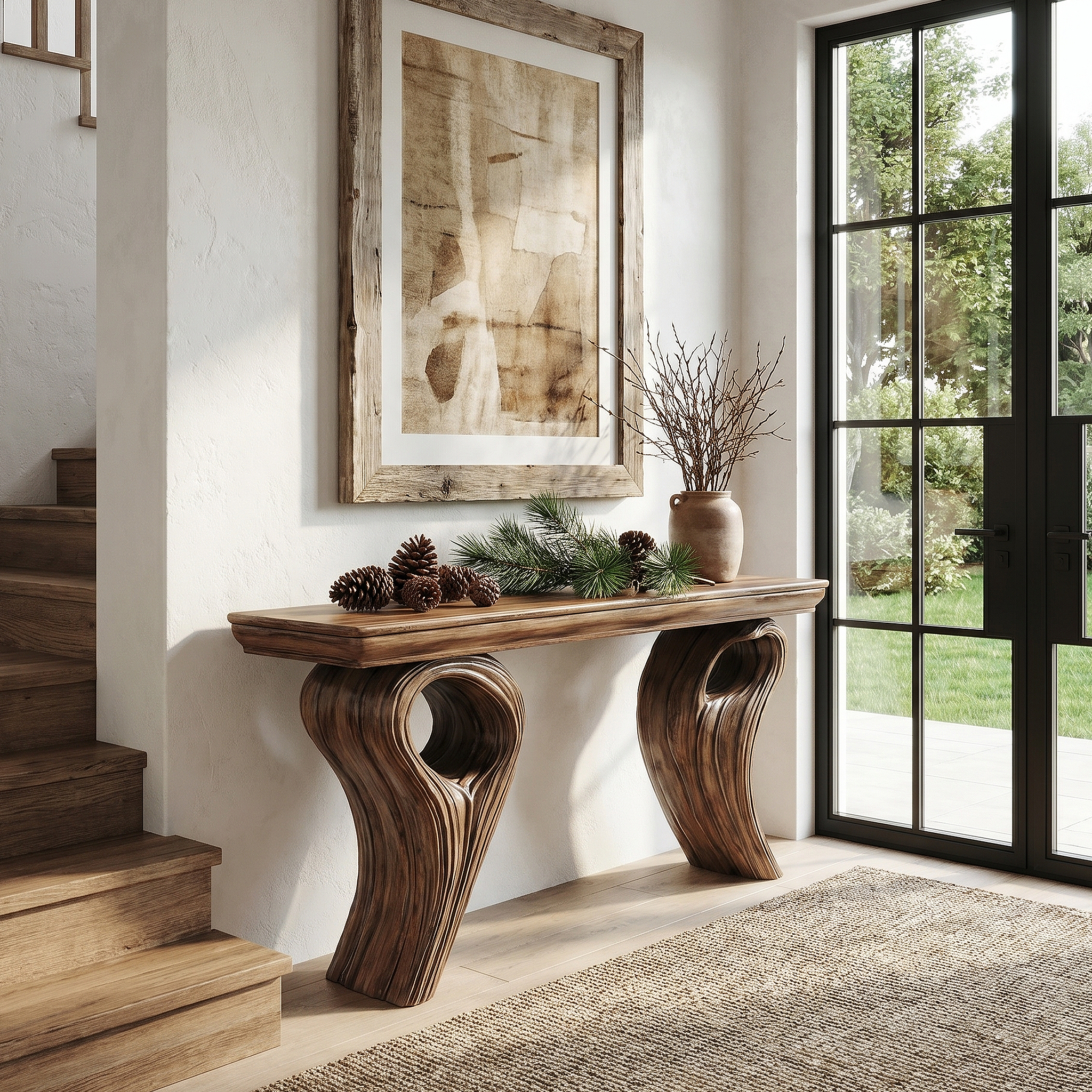 Rustic Organic Storage Console Table With Tree Inspired Base For Hallway And Living Room
