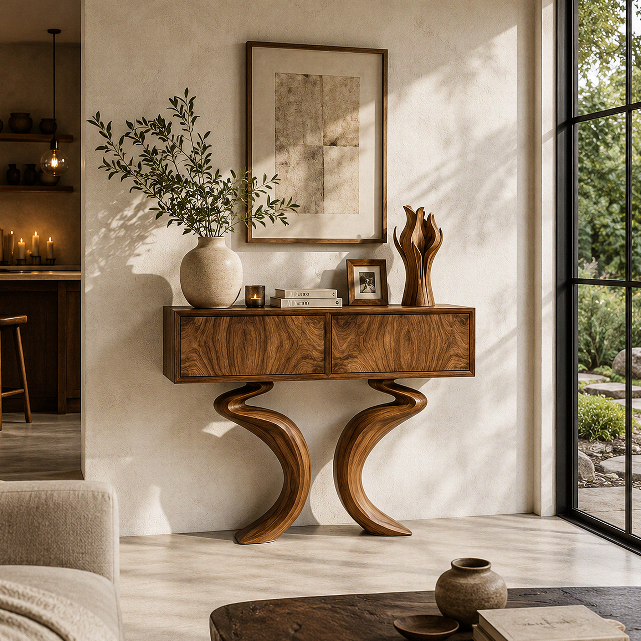 Organic Console Table With Hidden Storage Cabinet For Living Room And Entryway