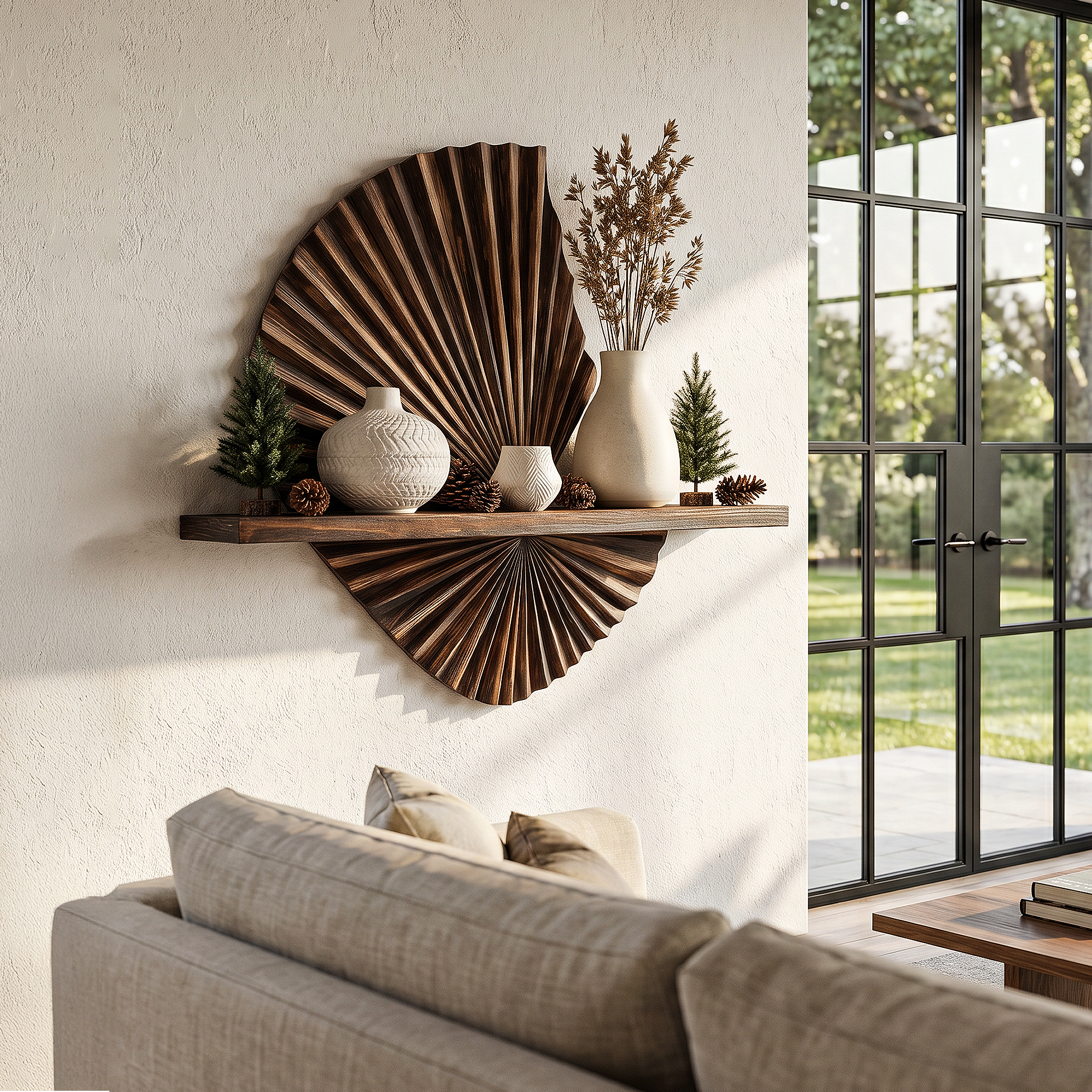 Modern Floating Shelf With Sunburst Wood Wall Sculpture For Living Room