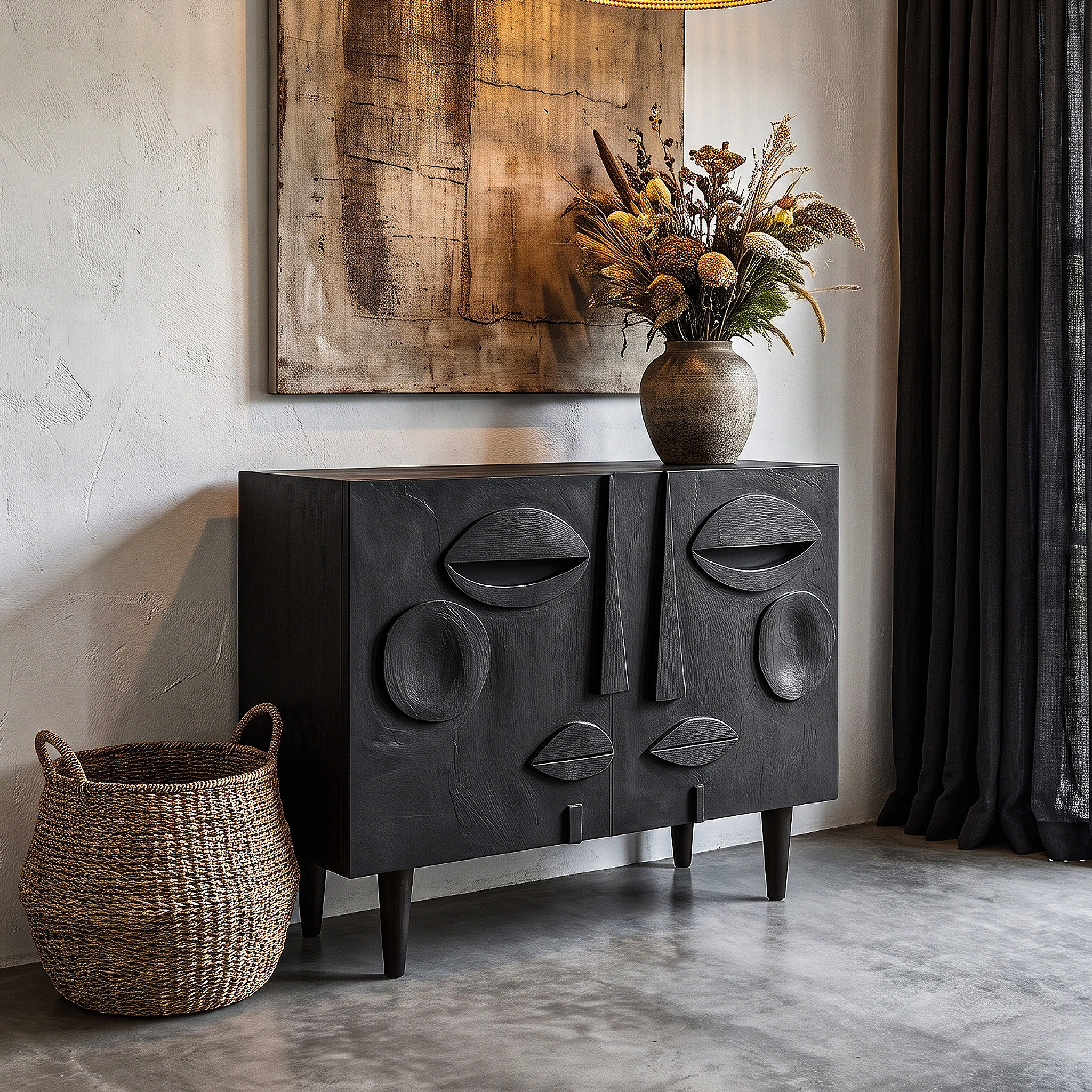 Modern Accent Cabinet With Abstract Face Design For Living Room And Entryway