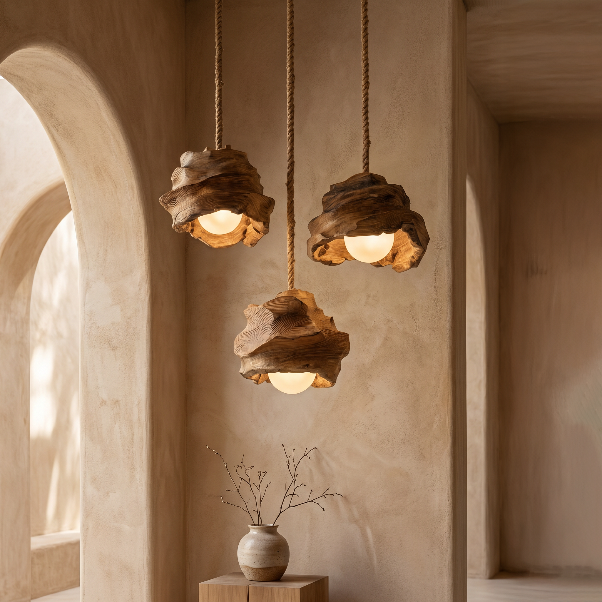 Organic Wooden Pendant Lamp With Sculptural Design For Dining Room And Living Room