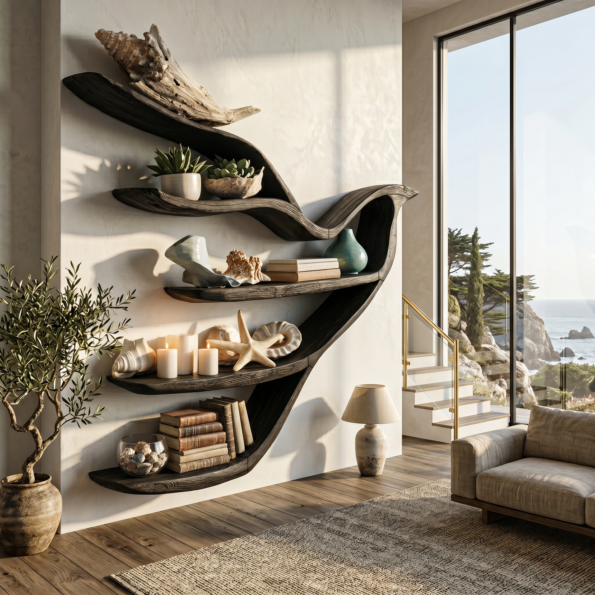 Sculptural Bookcase With Organic Open Shelving For Living Room Decor